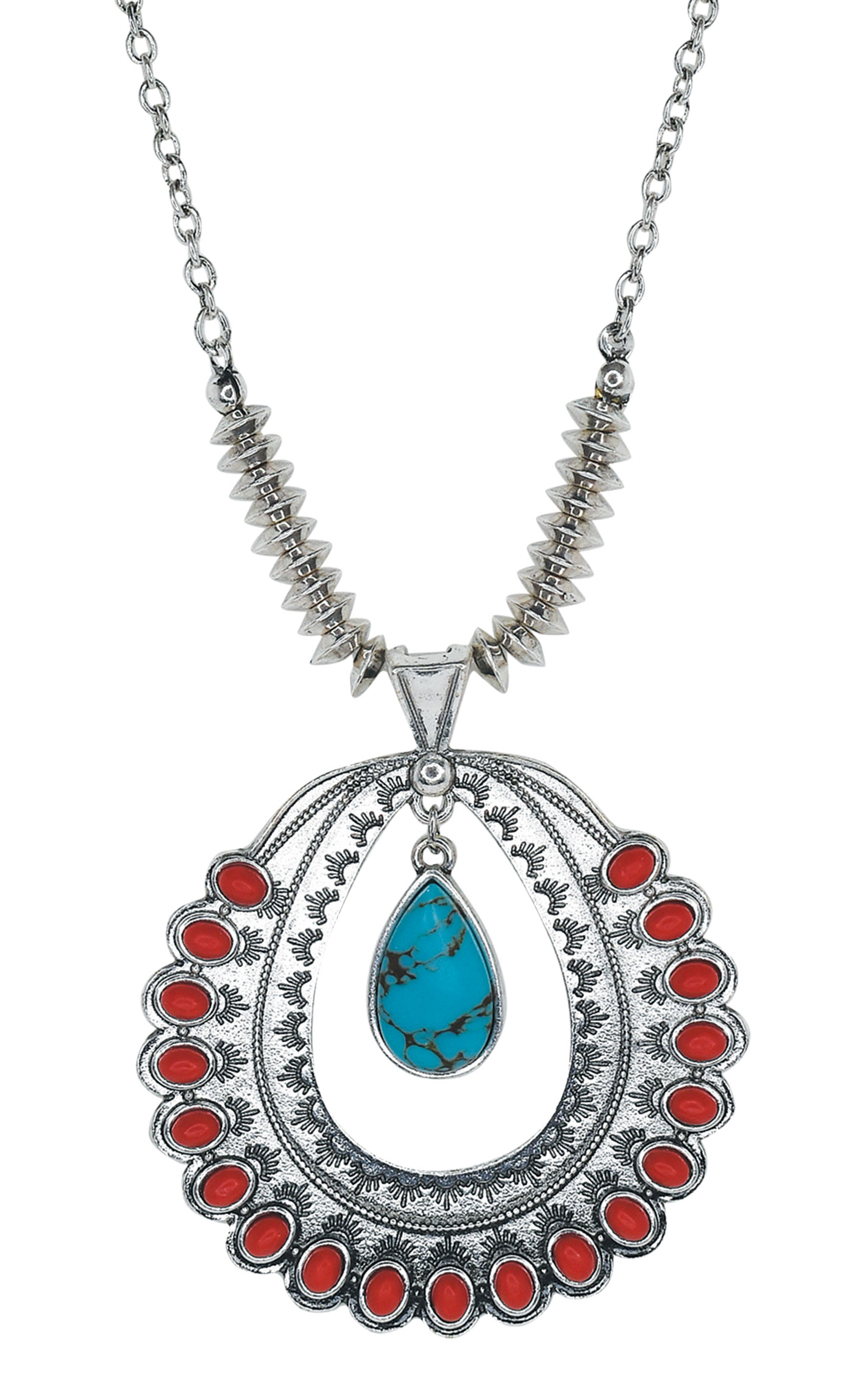 Justin Ladies’ Silver, Coral and Turquoise Hoop and Charm Necklace - Image 1