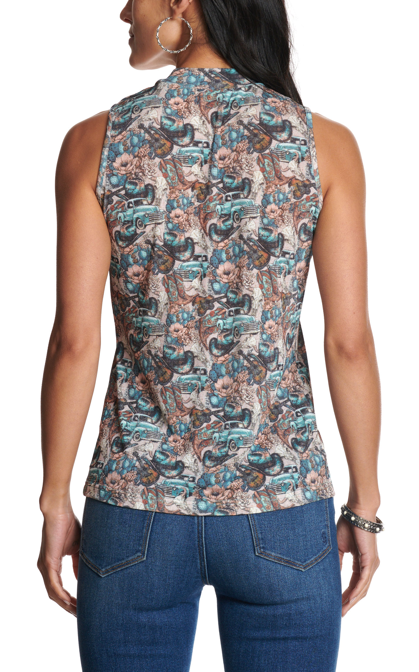 Rockin' C Women's Turquoise & Tan Western Print Mesh Top - Image 1