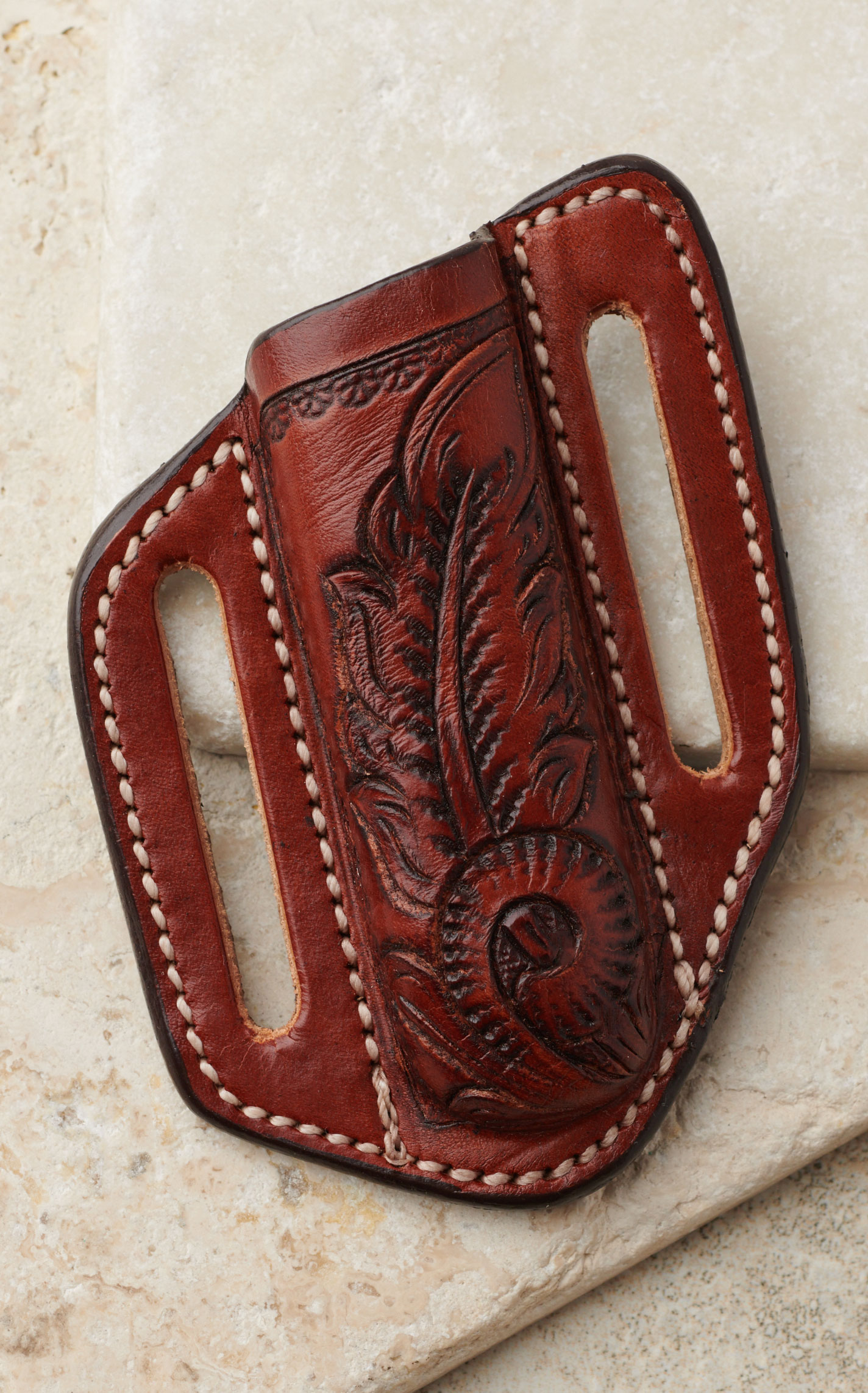 Circle SH Chestnut Feather Tooled Right Hand Knife Sheath - Image 1