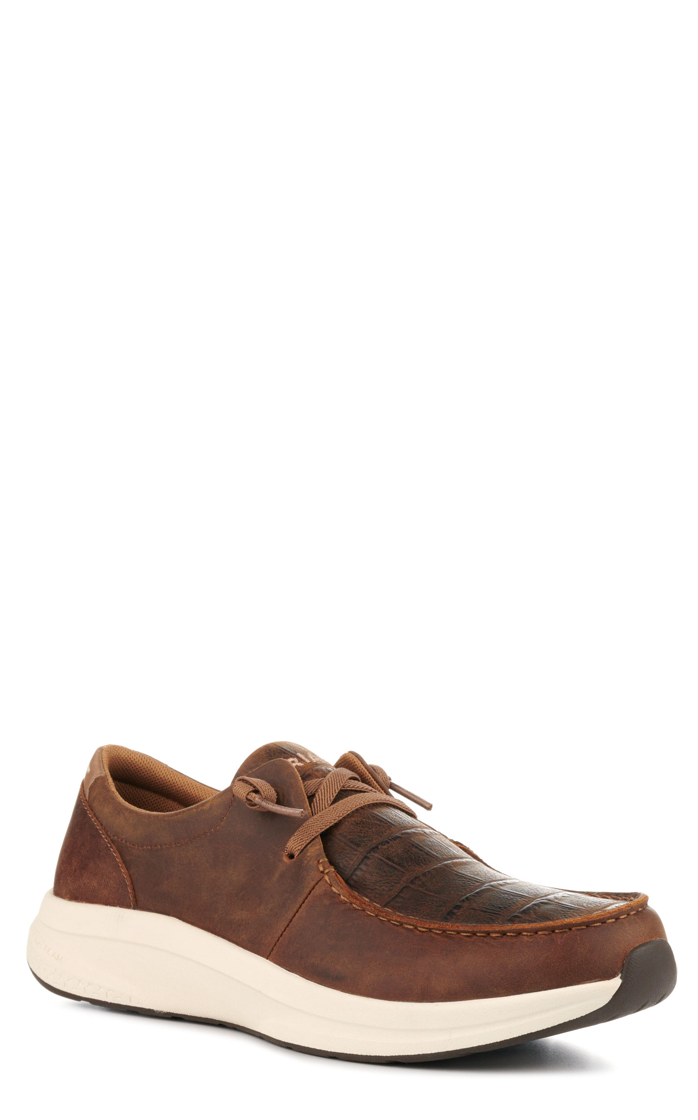 Ariat Men's Buckeye Distressed Brown with Tan Crocodile Print Foot Moc Toe Casual Shoes - Image 1