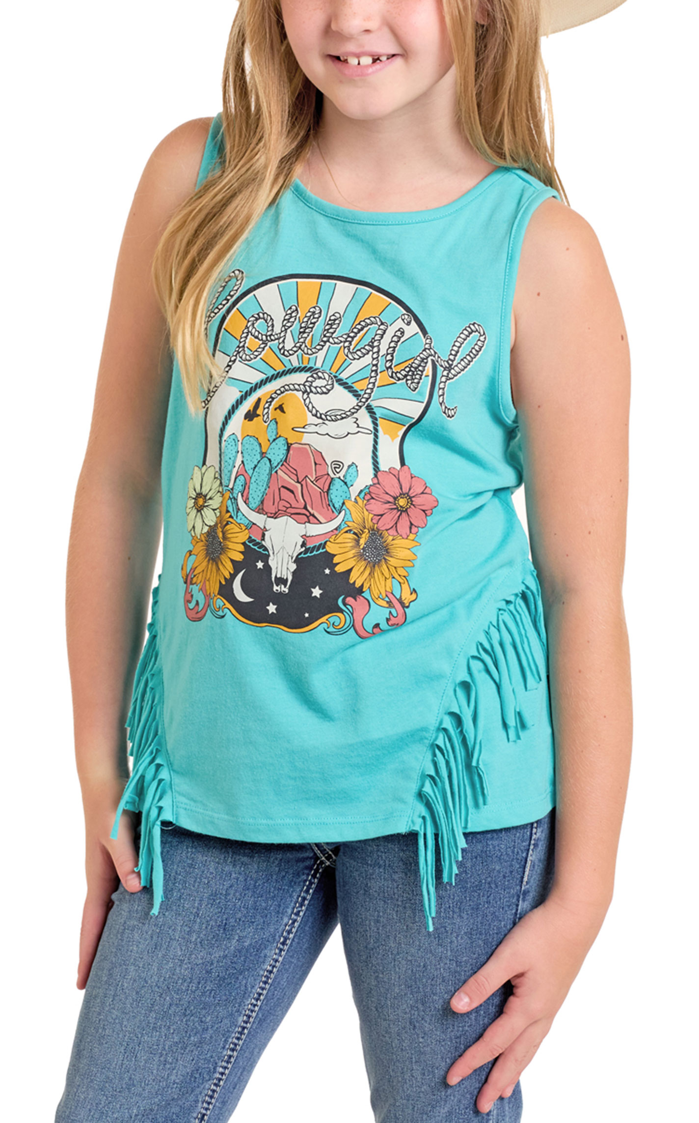 Rock & Roll Denim Girl's Turquoise Cowgirl Graphic Fringed Tank Top - Image 1