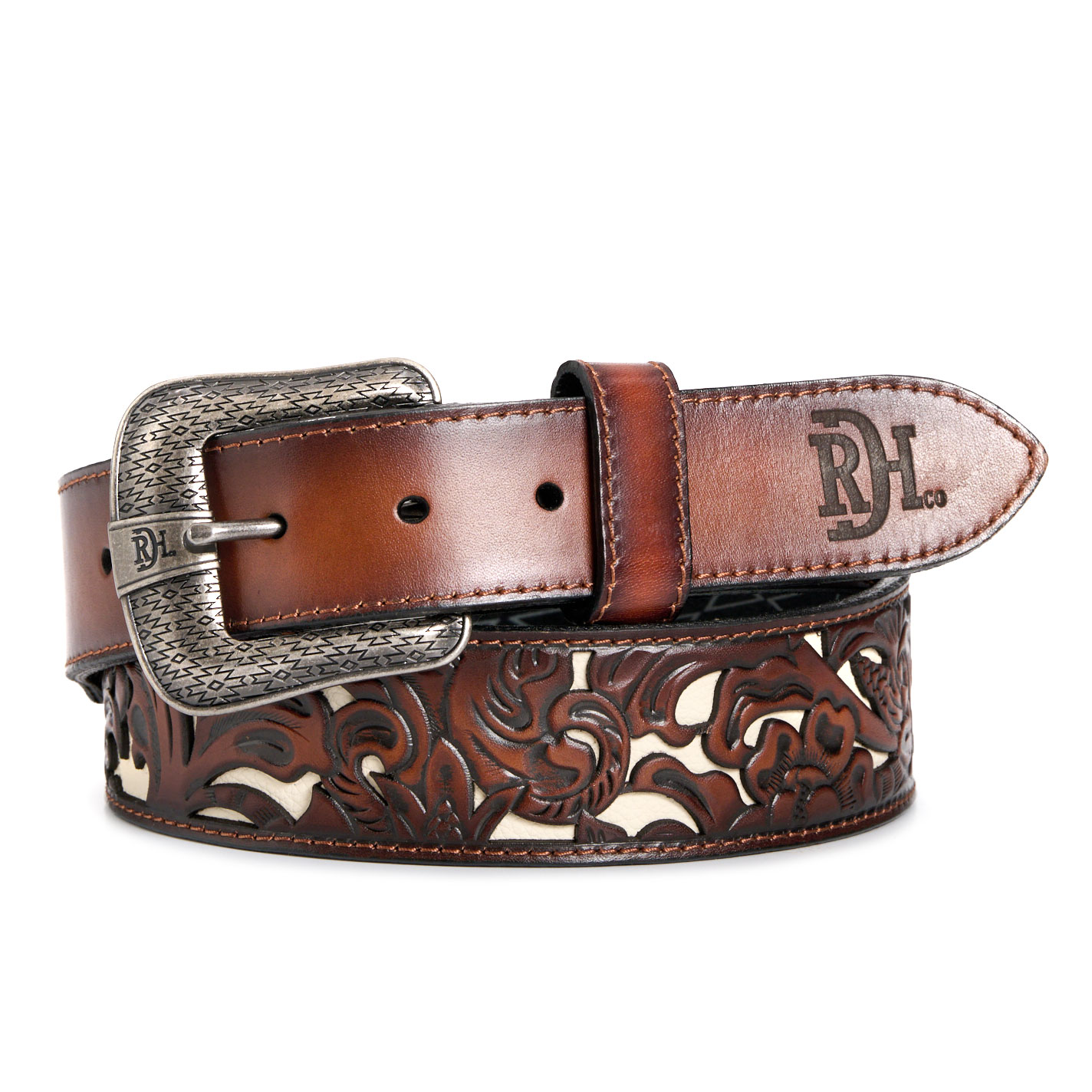 Red Dirt Hat Co. Men's Chestnut & Cream Floral Overlay Western Belt - Image 1