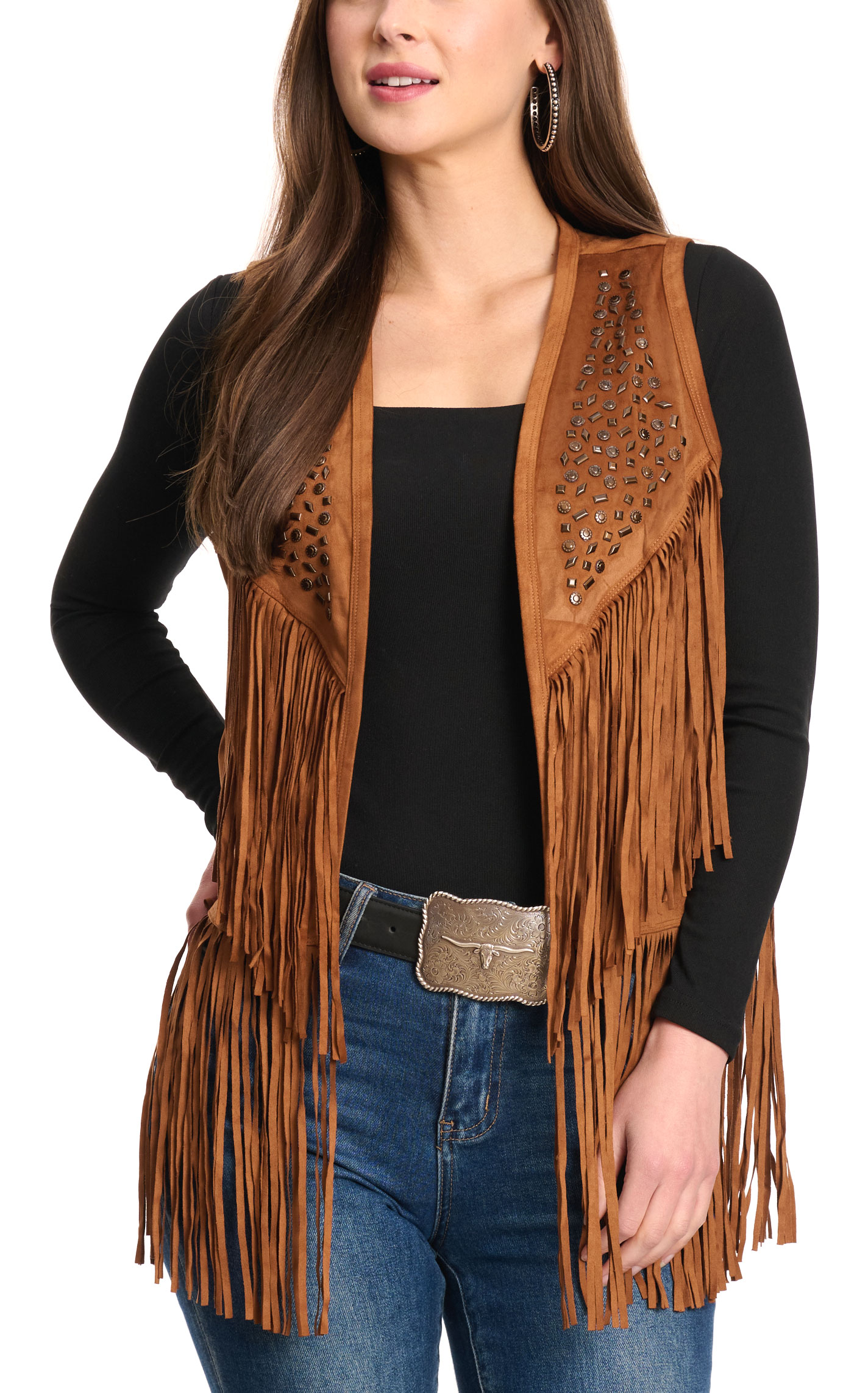 Cripple Creek Women's Caramel Faux Suede Studs & Fringe Vest - Image 1
