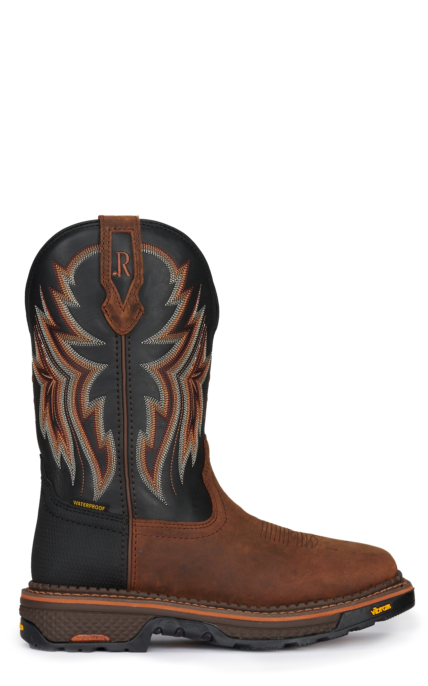 R. Watson Men's Peanut and Jet Black Waterproof Wide Square Toe Cowboy Work Boot - Image 1