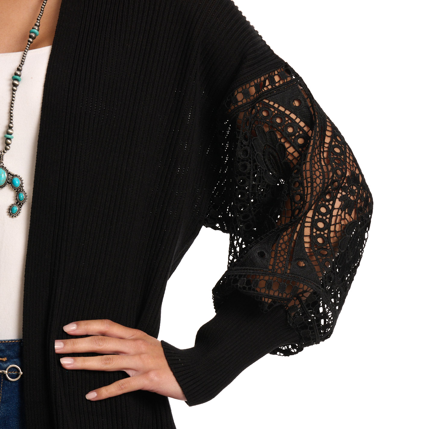 Rockin C Women's Black Lace Sleeve Sweater Cardigan - Image 1
