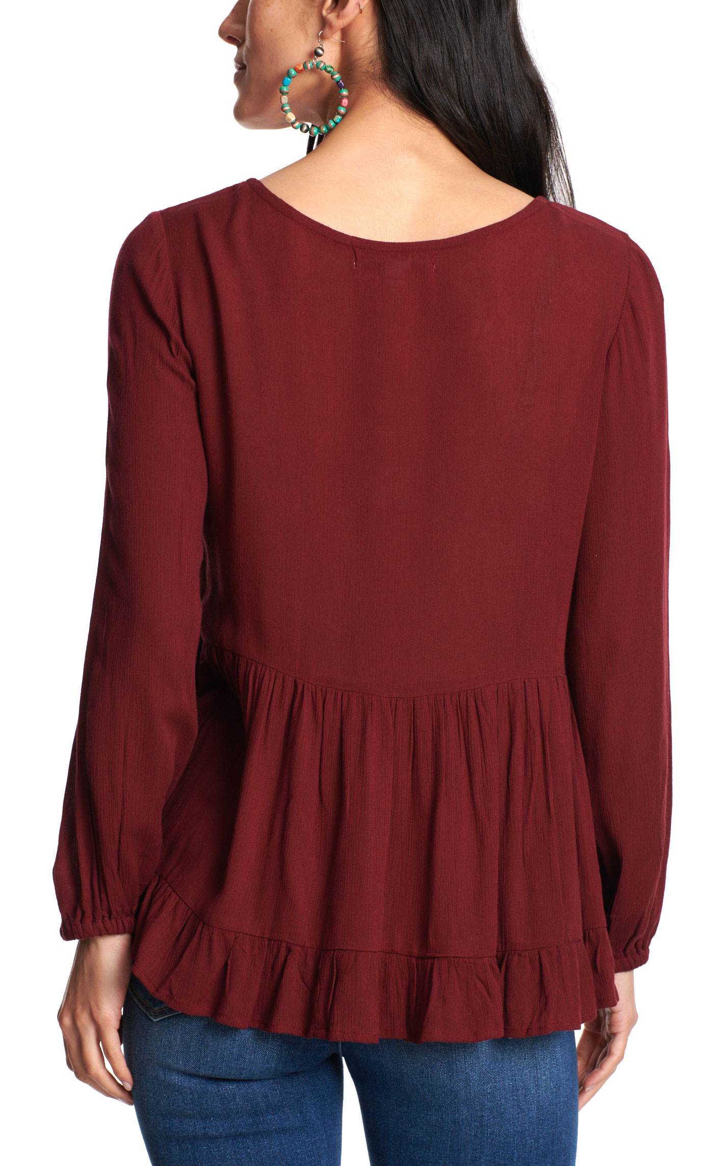Montana Clothing Co. Women's Rich Burgundy Floral Embroidered Top - Image 1