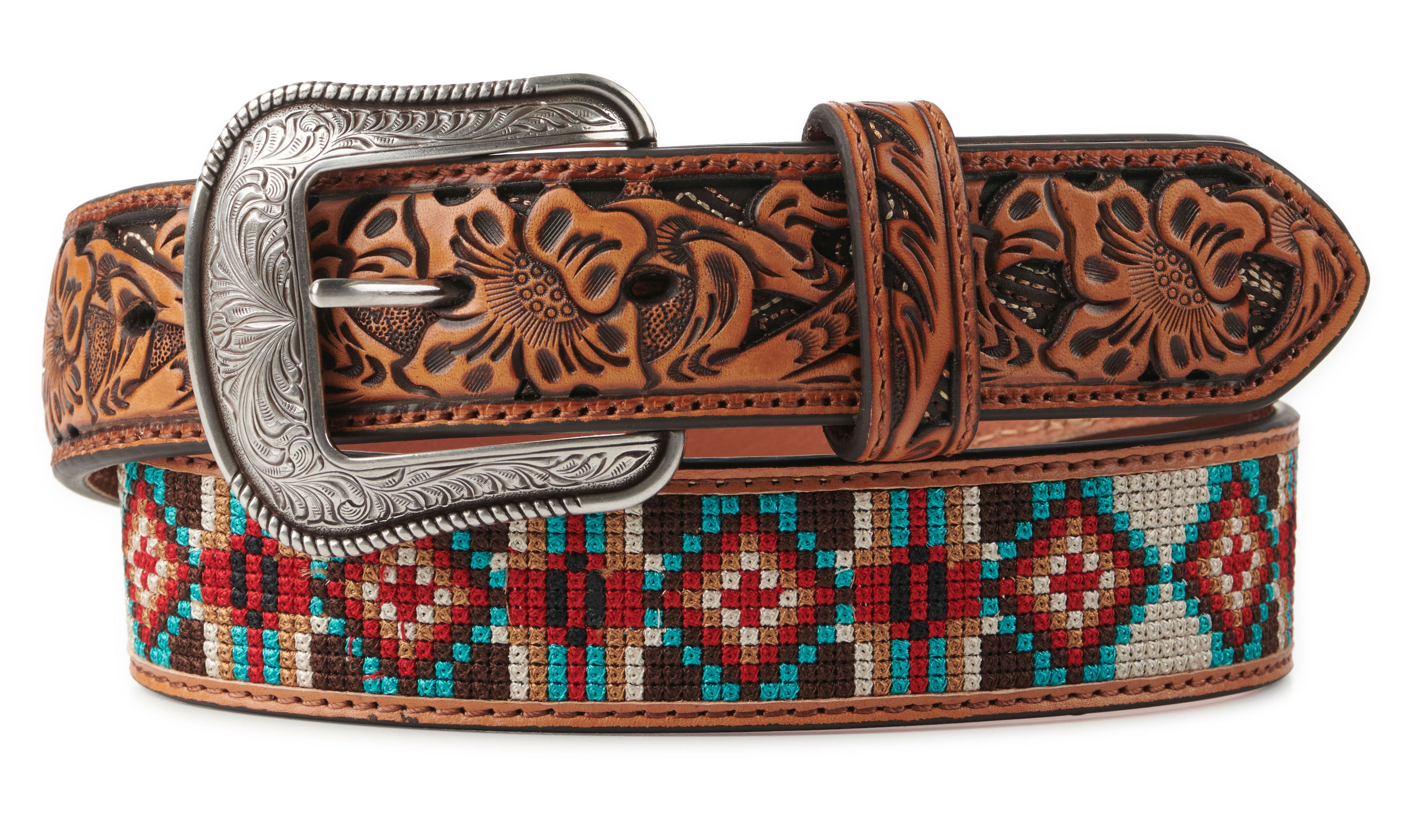 3D Belt Co Men's Brown with Tan, Red and Turquoise Aztec Stitch Western Belt - Image 1