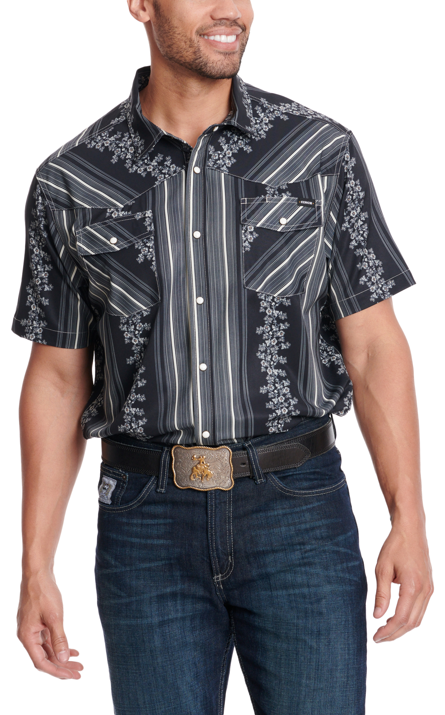 Cinch Men's Black & White Floral Stripe Print Short Sleeve Western Shirt - Image 1