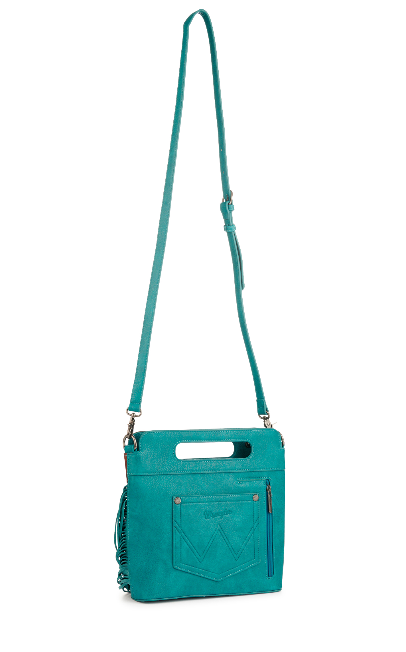 Wrangler Teal Tooled Floral Handle & Fringe Boot-Stitch Accent Concealed Carry Crossbody Bag - Image 1