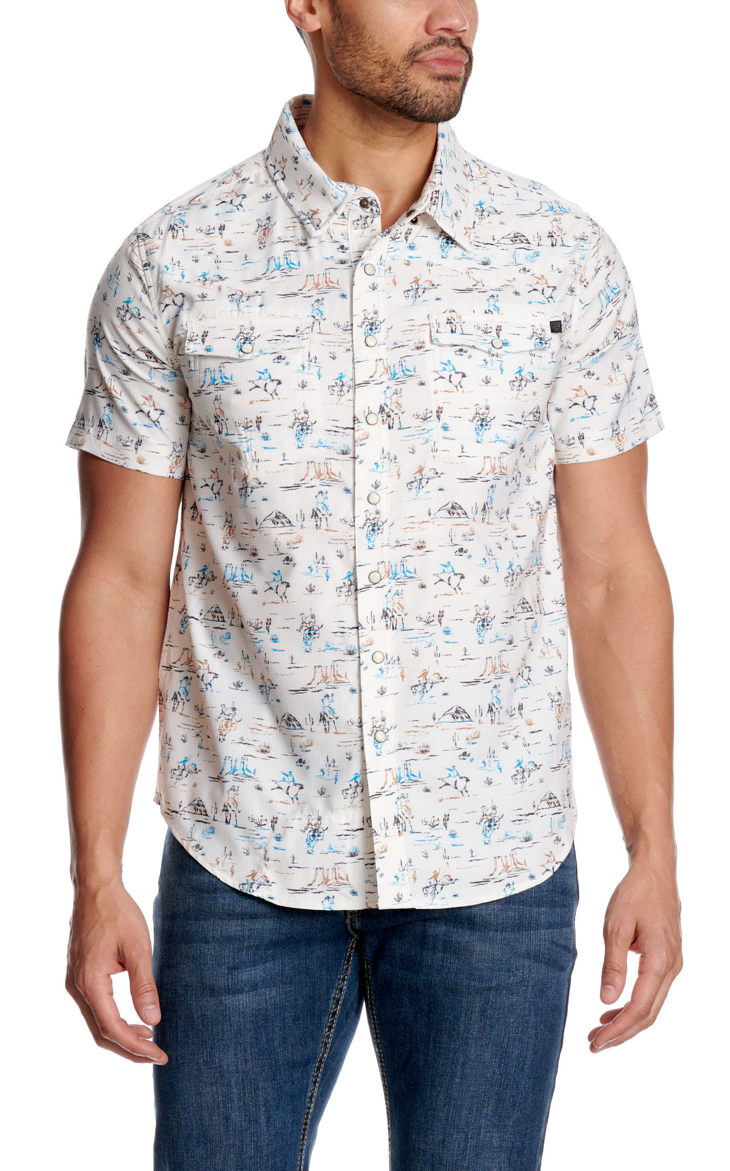 Rock & Roll Denim Men's Natural & Turquoise Western Print TEK Western Shirt - Image 1