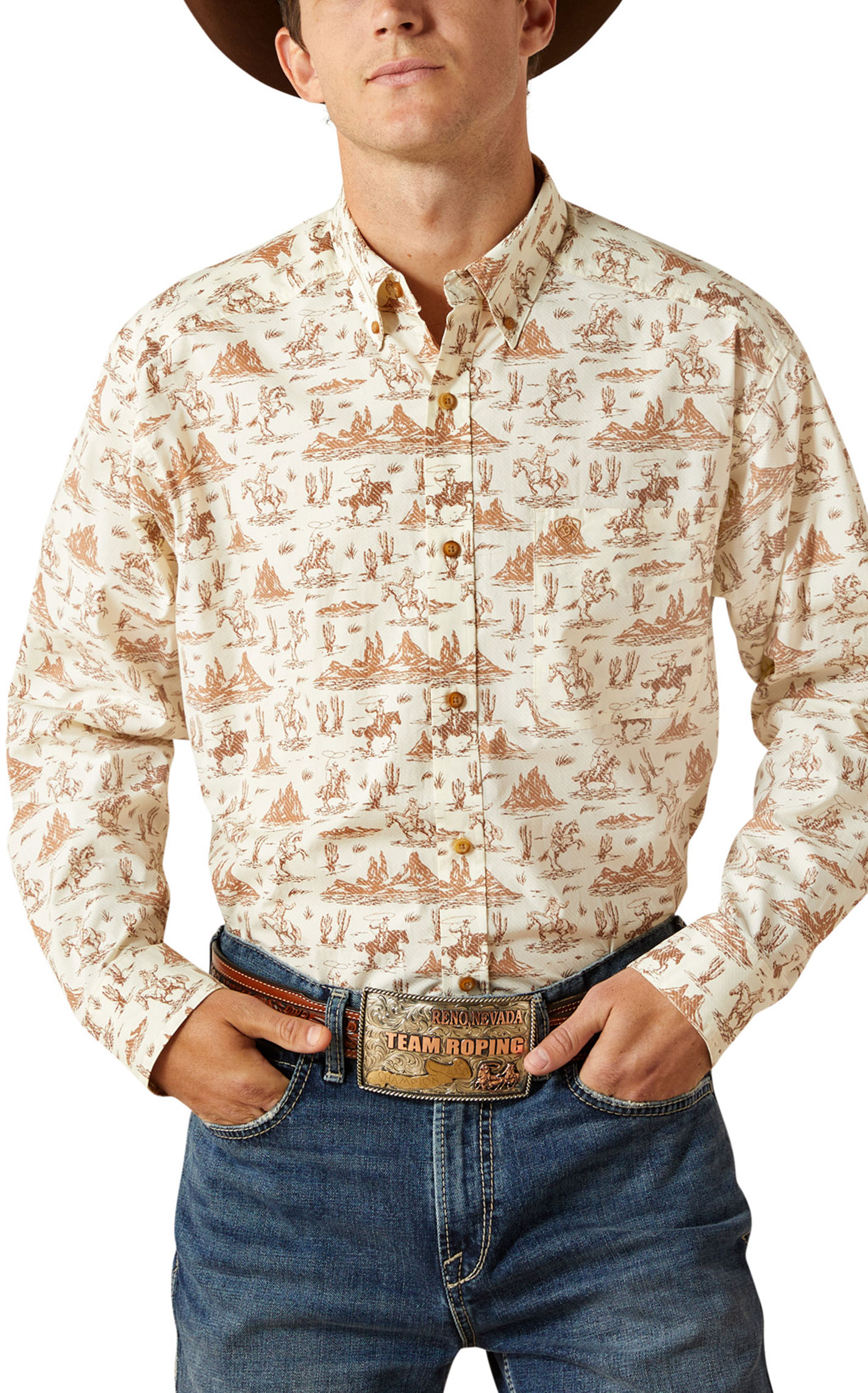 Ariat Men's Cream & Coffee Cowboy On The Range Western Shirt - Image 1