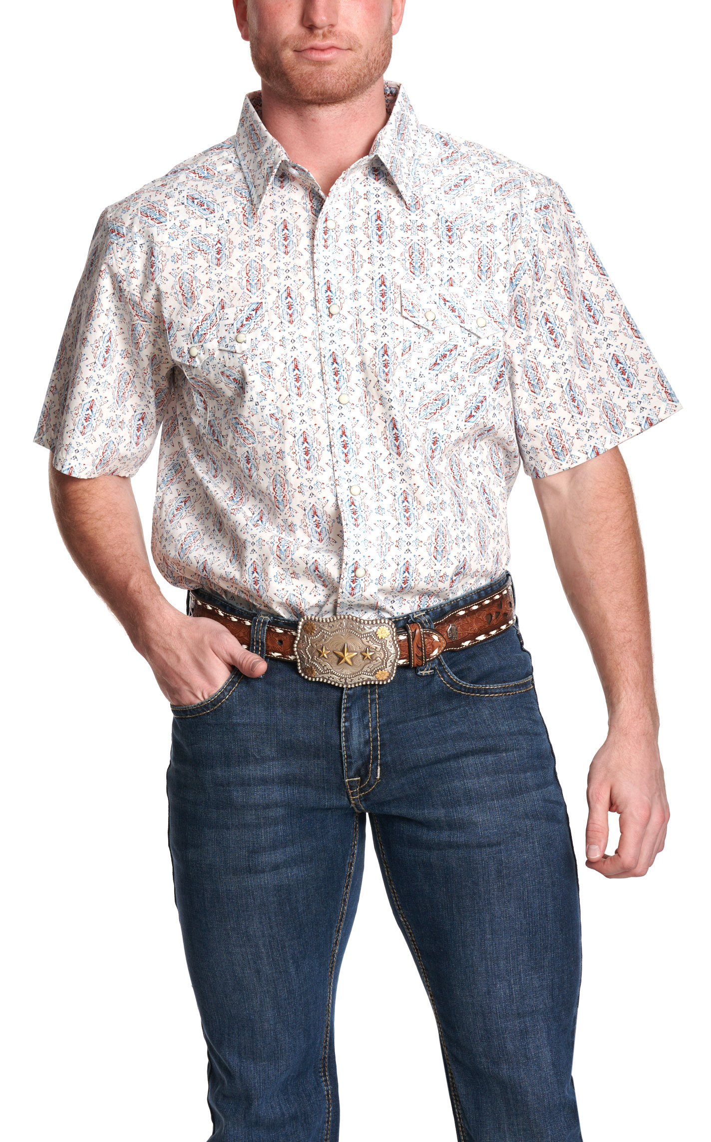 Panhandle Slim Men's White & Multi-Color Aztec Print Short Sleeve Western Shirt - Image 1