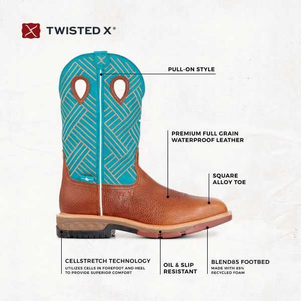 Twisted X Men's Tango Tobacco and Turquoise CellStretch Wide Square Steel Toe Work Boot - Image 1