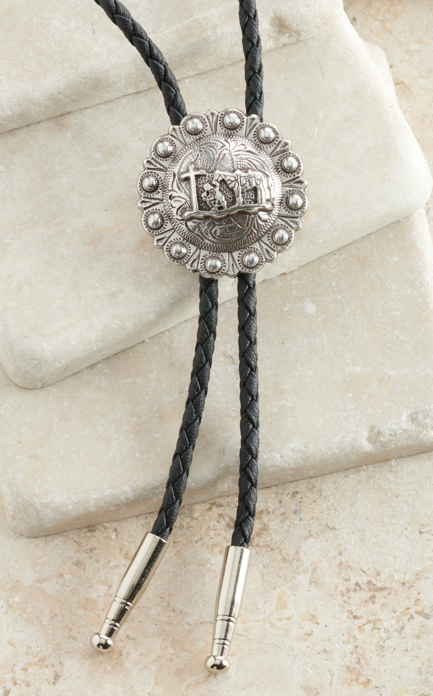 M&F Silver with Praying Cowboy Center Bolo Tie - Image 1