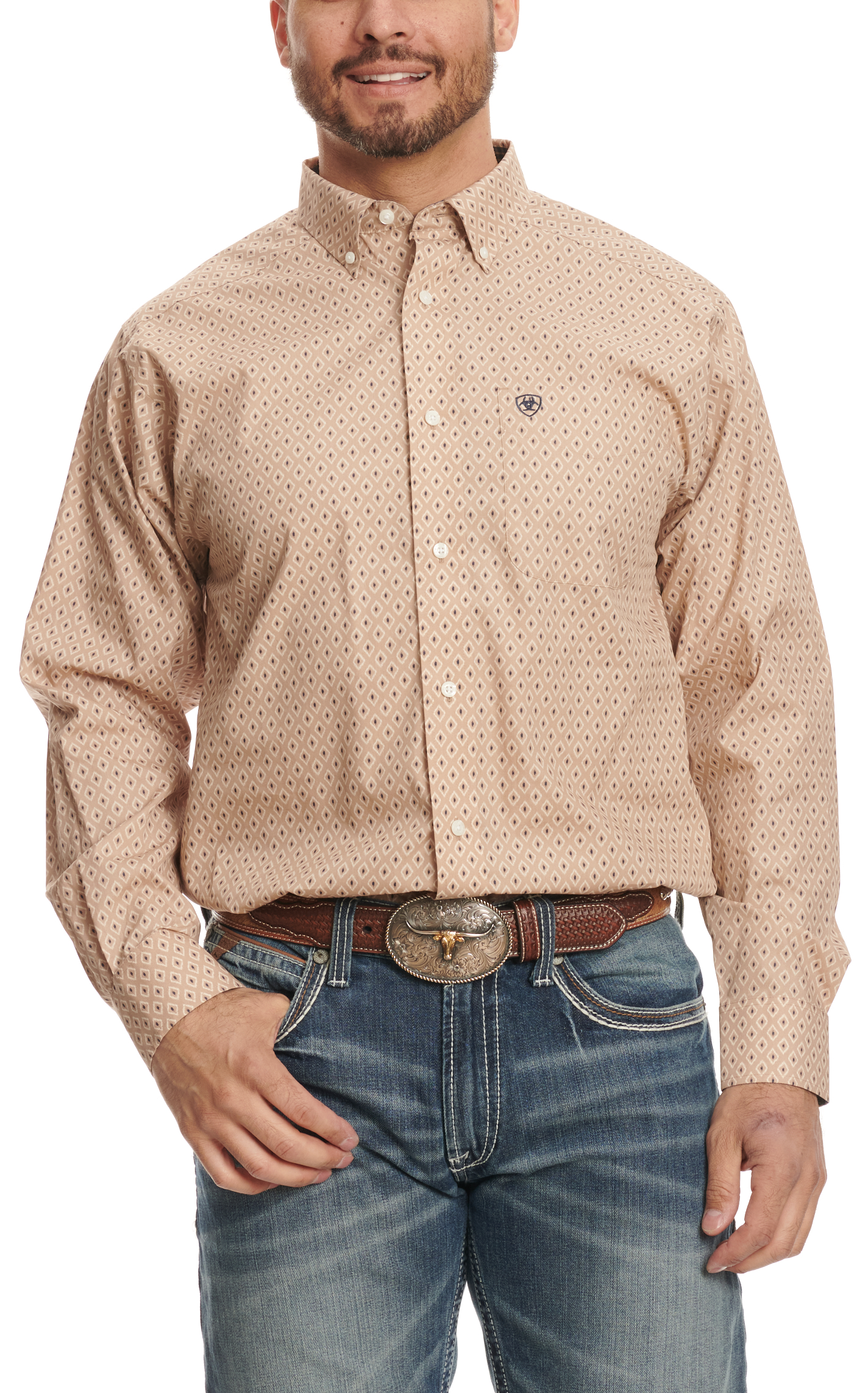 Ariat Men's Frazier Khaki Black & Cream Geo Print Western Shirt - Image 1