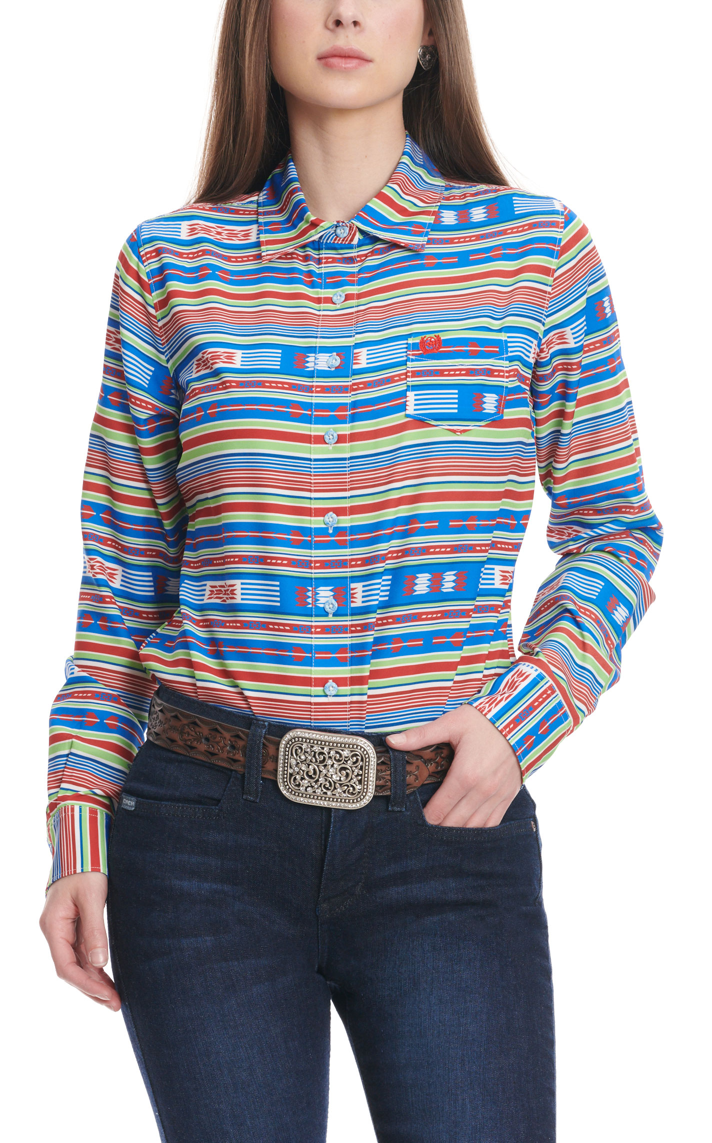 Cinch Women's Royal Blue Deep Red & Spring Green Serape Long Sleeve Western Shirt - Image 1