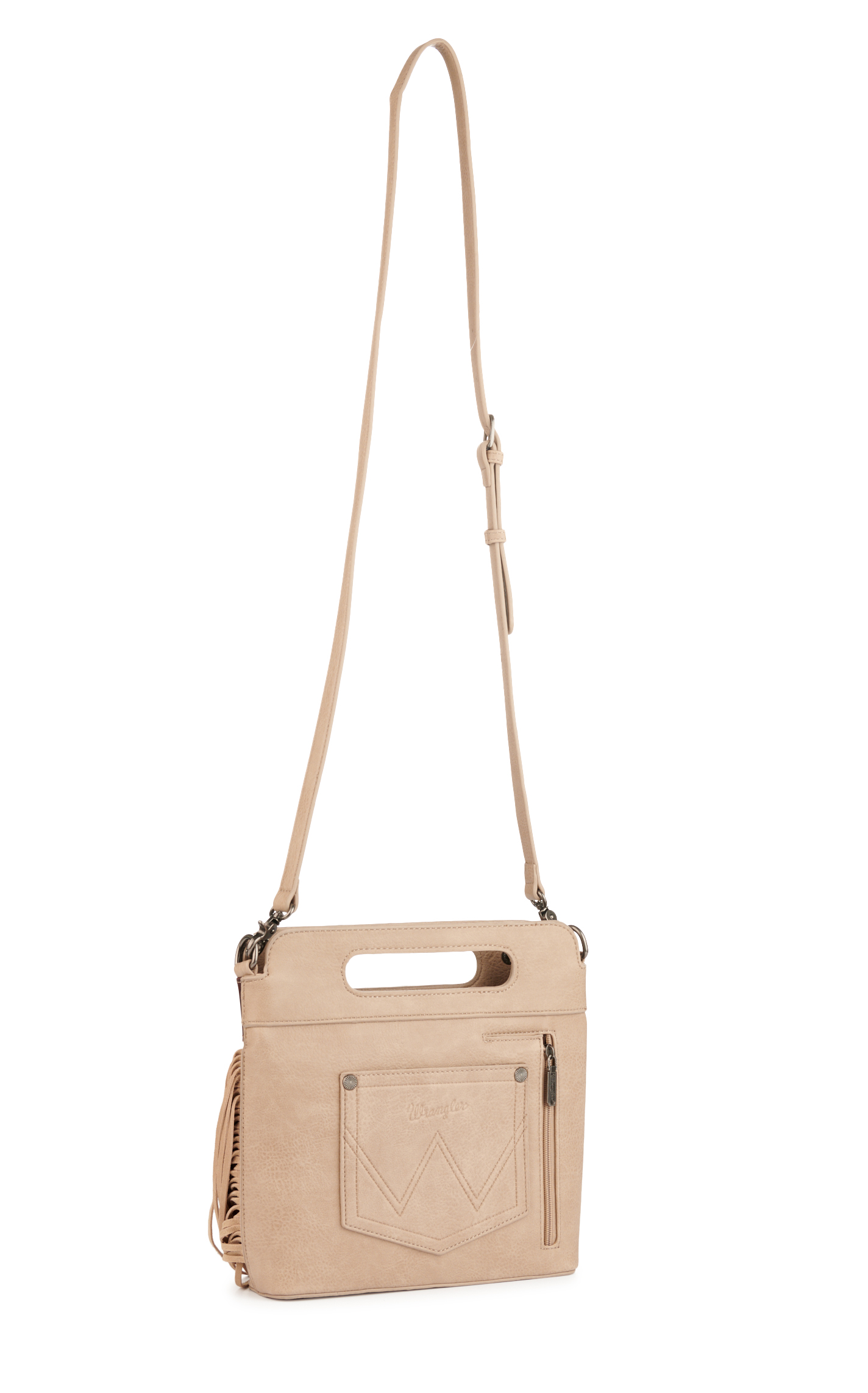 Wrangler Latte Tooled Floral Handle & Fringe Boot-Stitch Accent Concealed Carry Crossbody Bag - Image 1