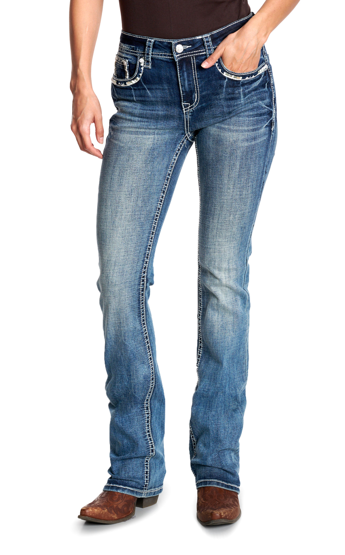 Grace In LA Women's Medium Wash Aztec Floral Skull Jeans - Image 1
