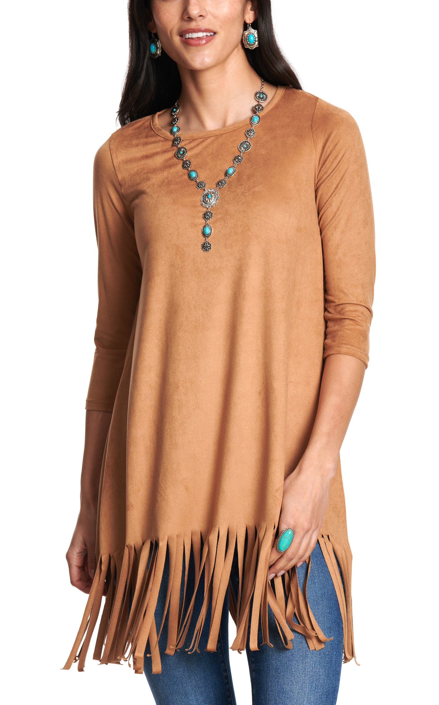 R. Rouge Women's Light Brown Sugar Faux Suede Fringed Top - Image 1