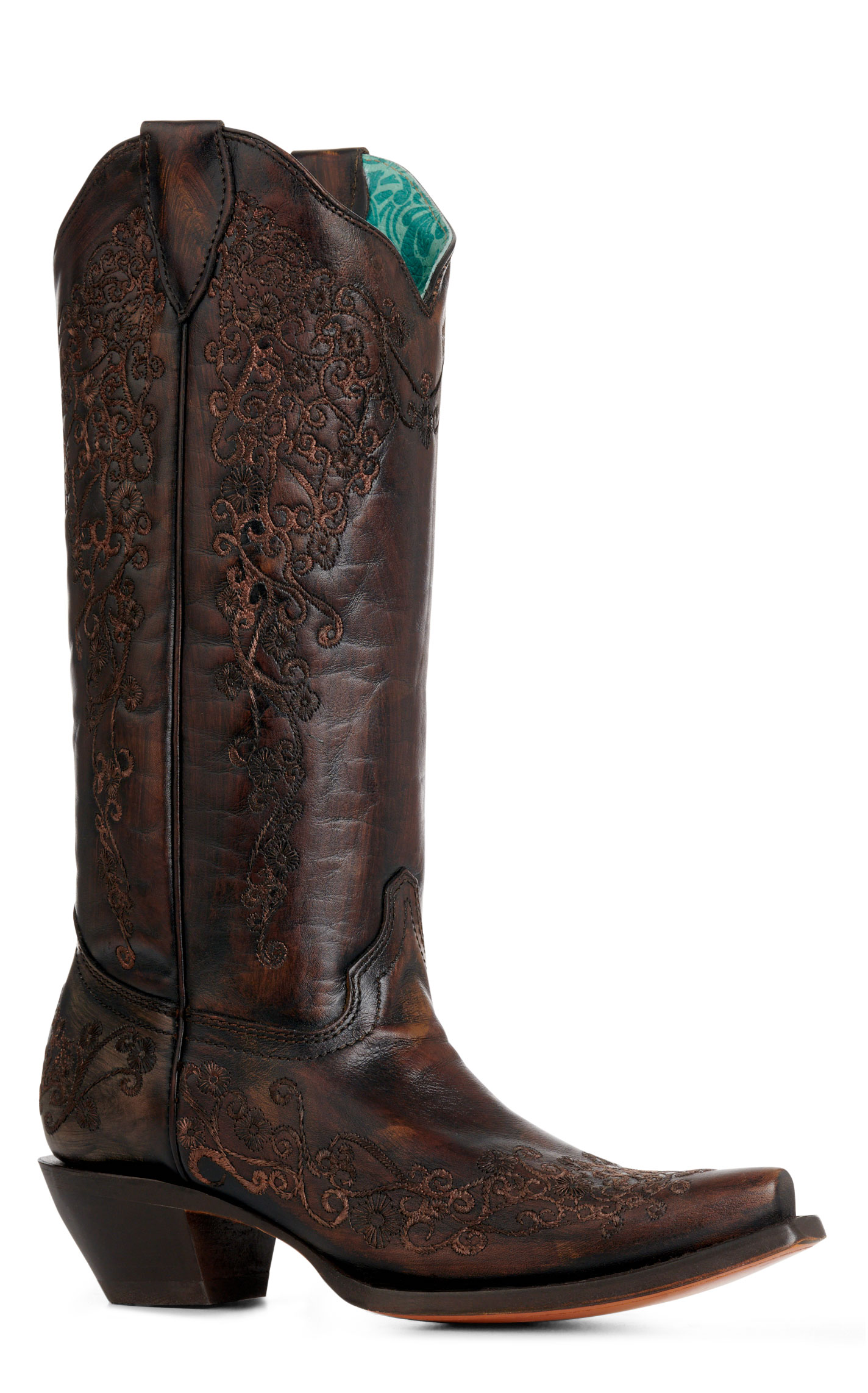 Corral Women's Black & Honey Floral Stitched Snip Toe Cowboy Boots - Image 1