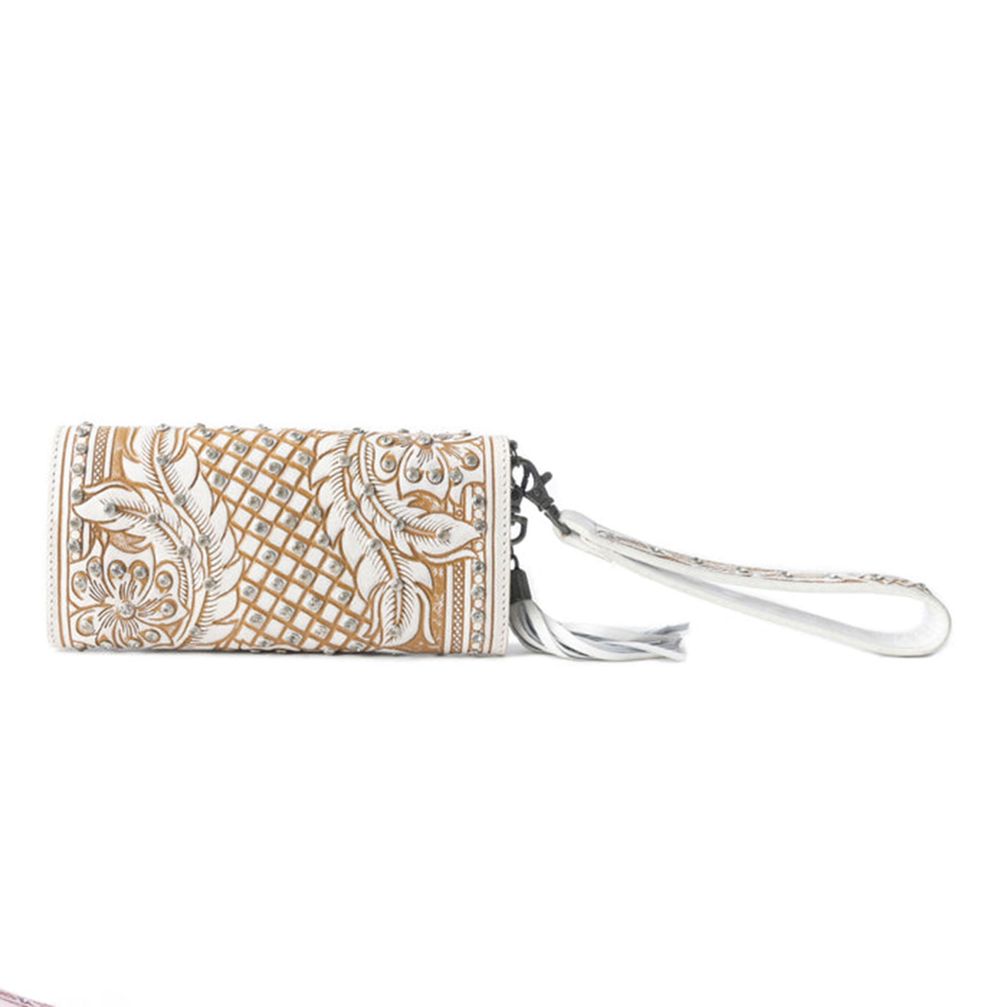 Myra Bag White & Tan Tooled Leather Hand Wallet - Image 1