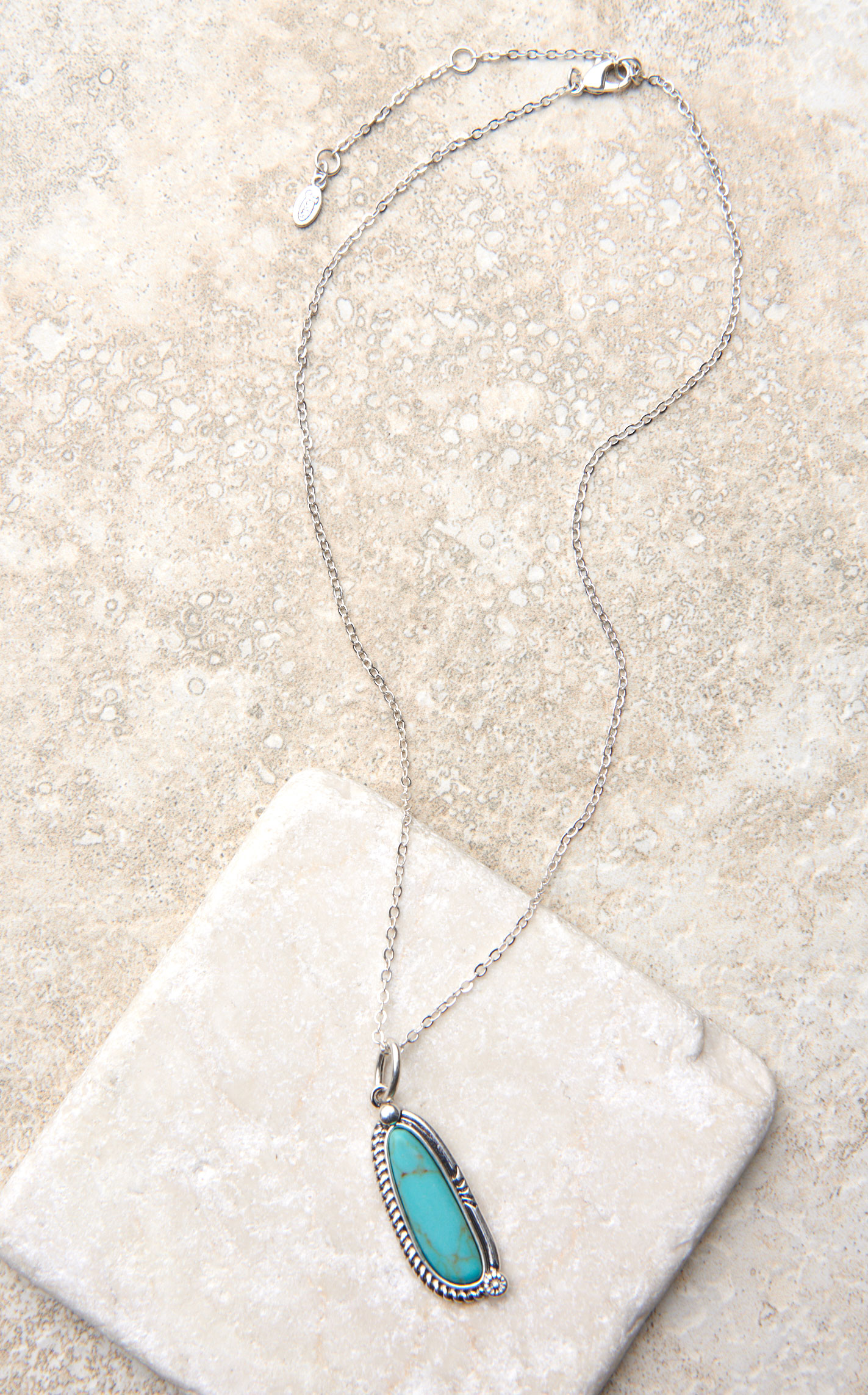 Justin Silver Rope & Flower Accent Turquoise Center Oblong Pendant Necklace - Image 1