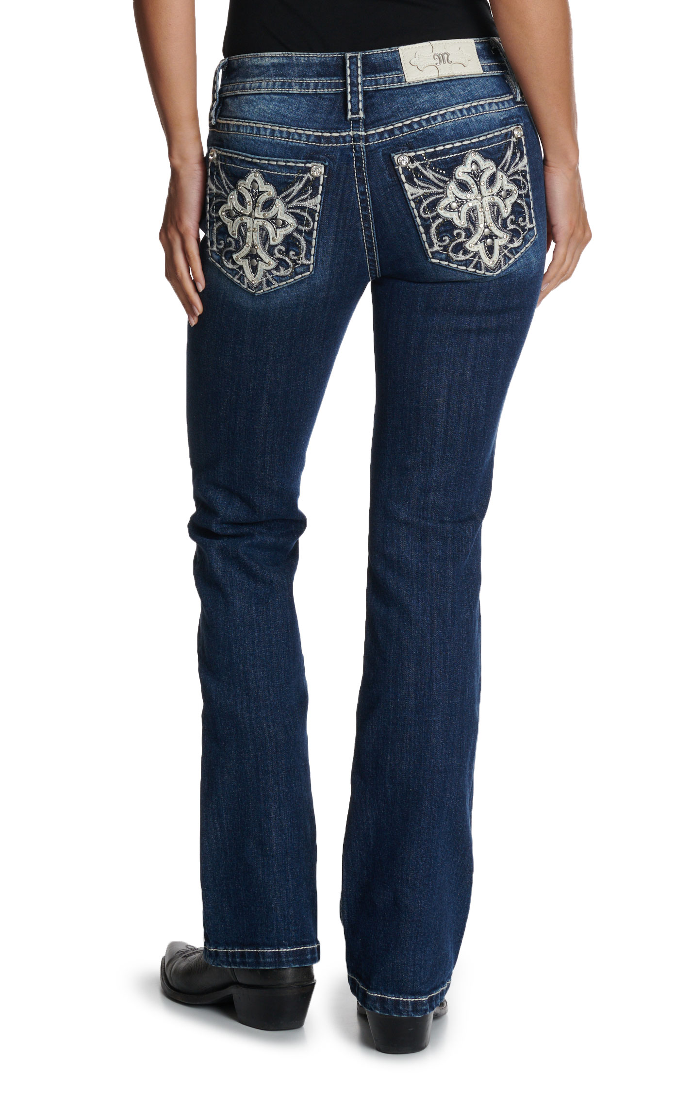 Miss Me Women's Dark Wash Pleather Cross Deco Pocket 34\