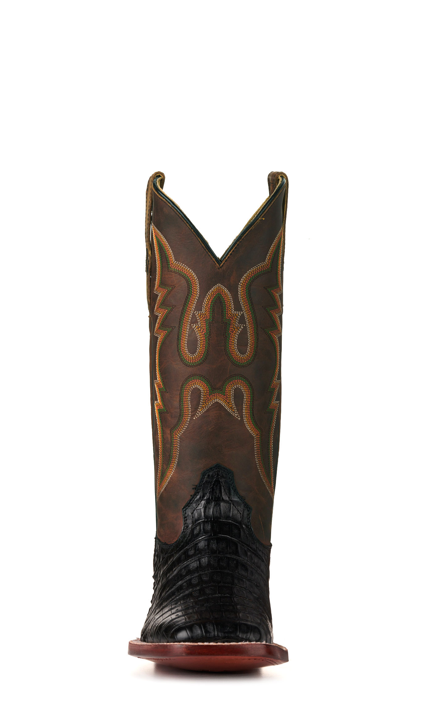R. Watson Men's Black Caiman Tail and Tan Wide Square Toe Exotic Cowboy Boots - Image 1