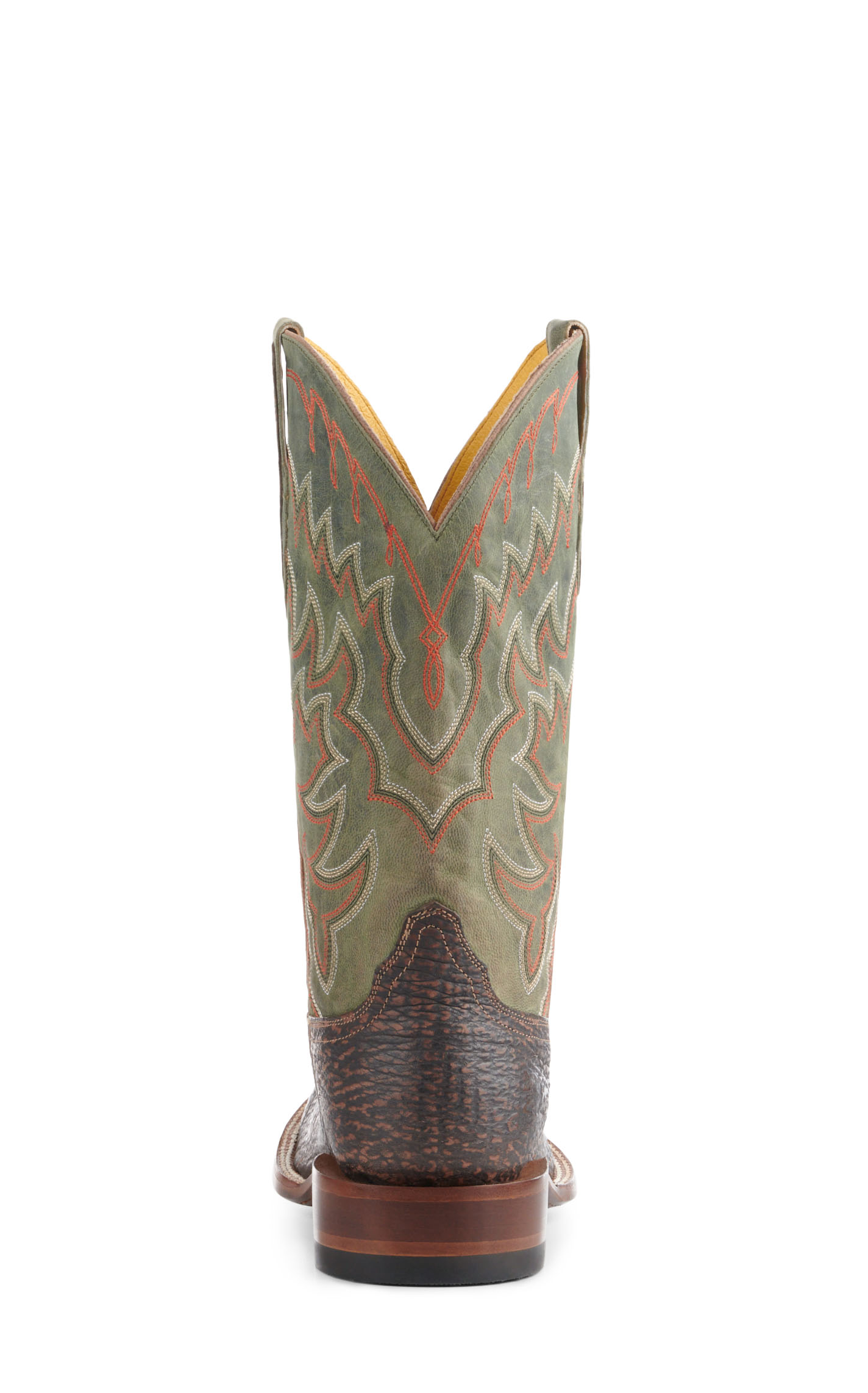 Cavender’s Men’s Rustic Brown Shark and Green Goat Wide Square Toe Cowboy Boots - Image 1