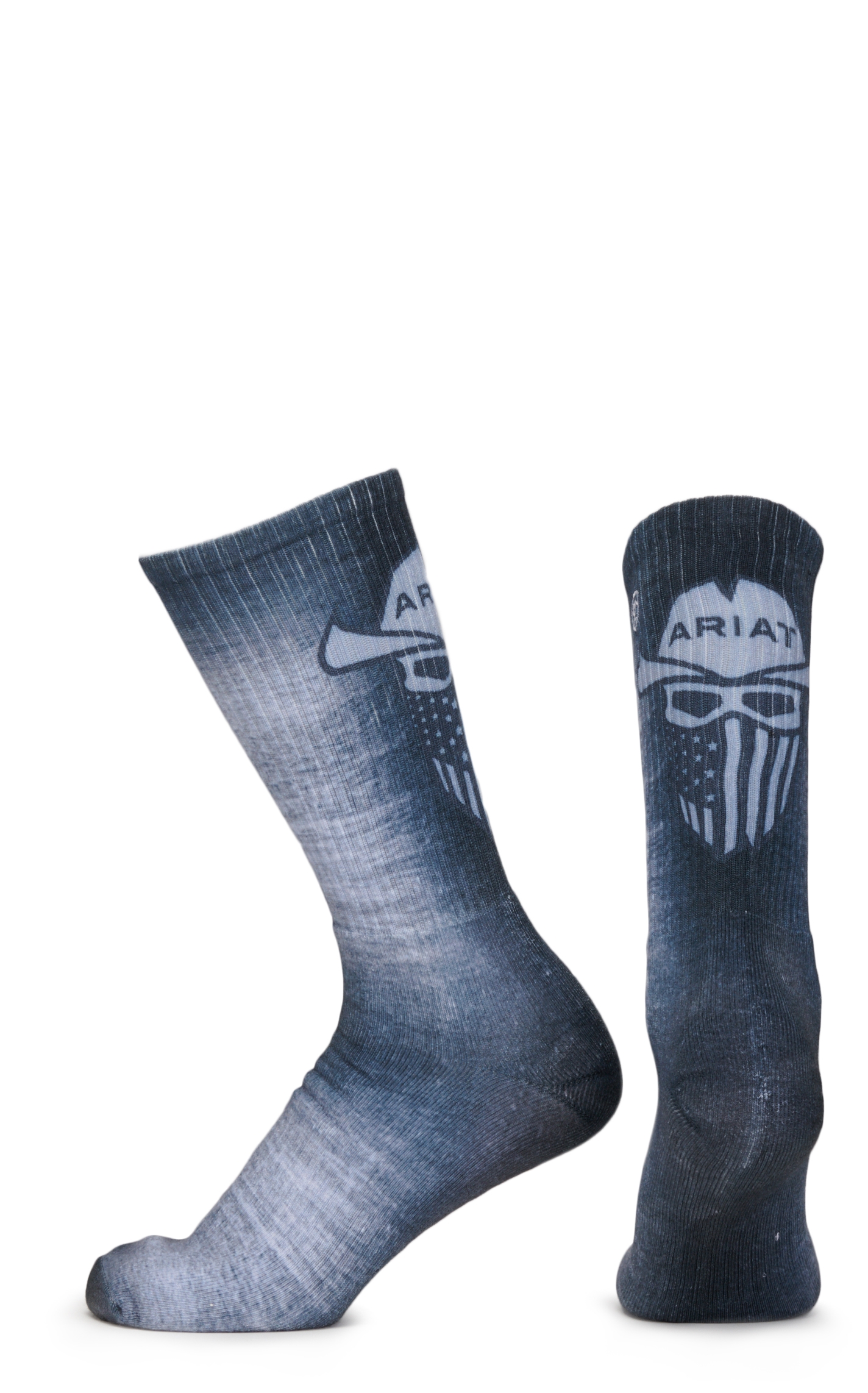 Ariat Men's Gray and Green Flag Cowboy Skull Graphic 2-Pack Crew Socks (Large) - Image 1