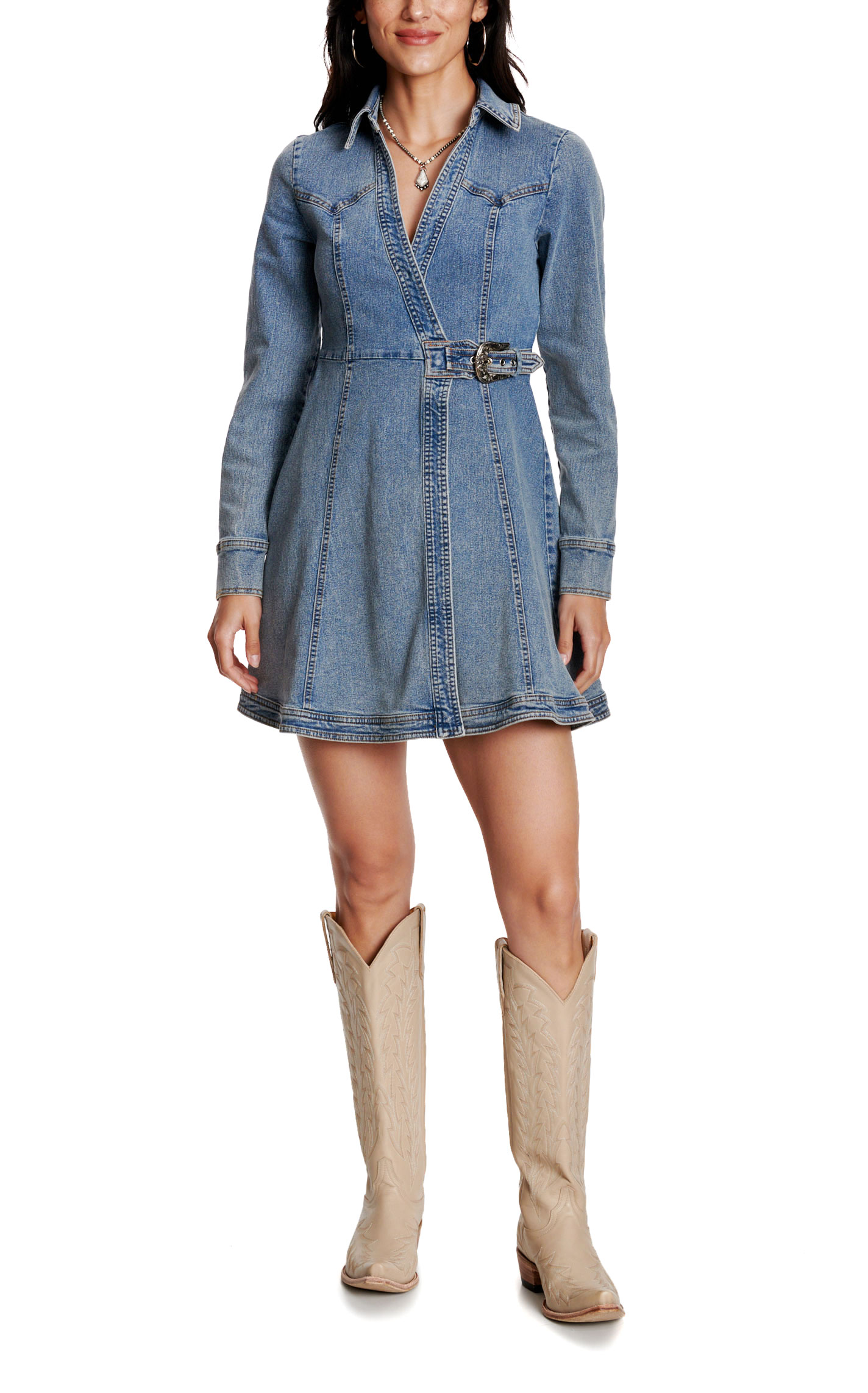 Blue B Women’s Denim Western Buckle Wrap Dress - Image 1
