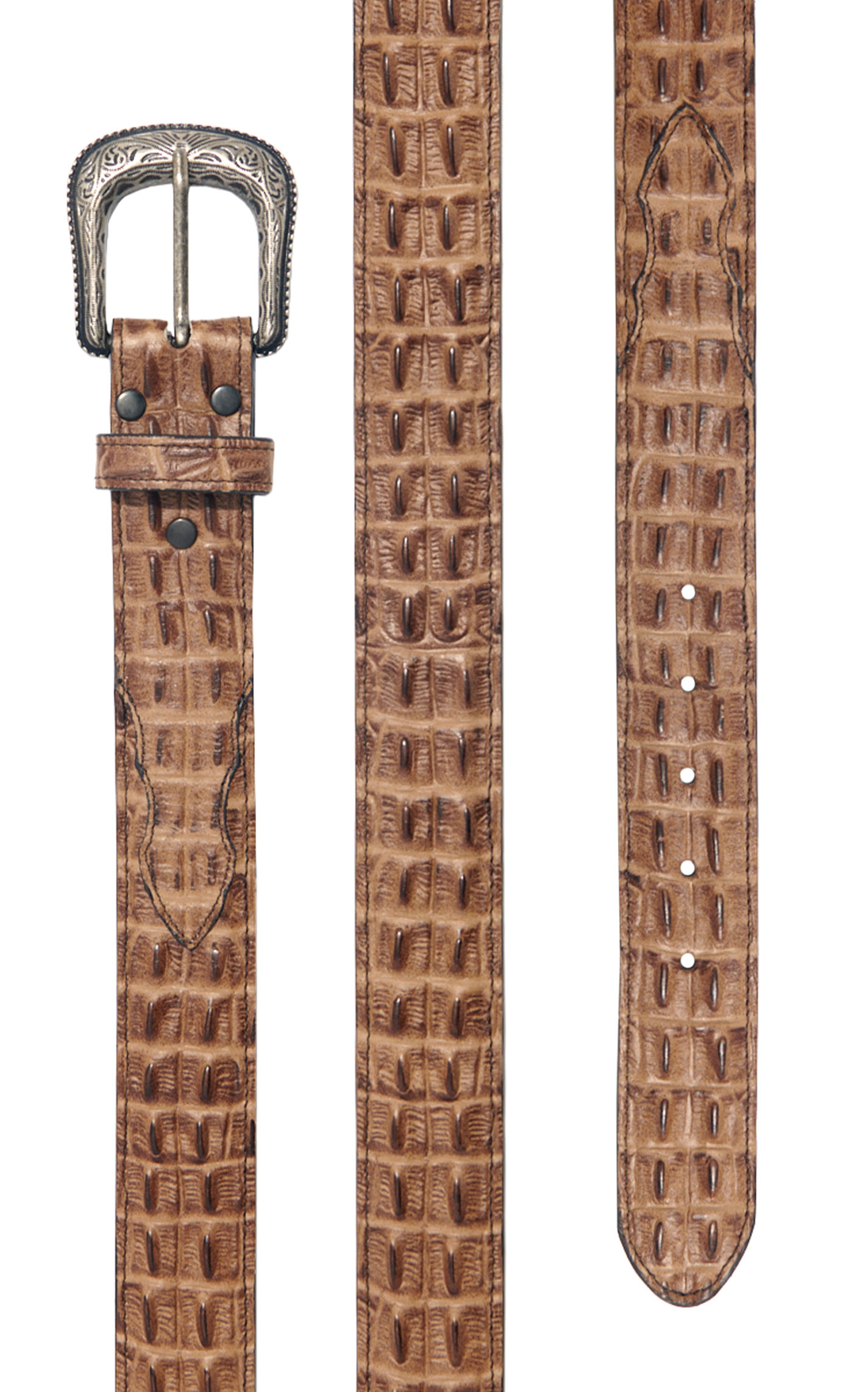Cavender's Men’s Cognac Gator Print Leather Belt with Silver Etched Buckle - Image 1