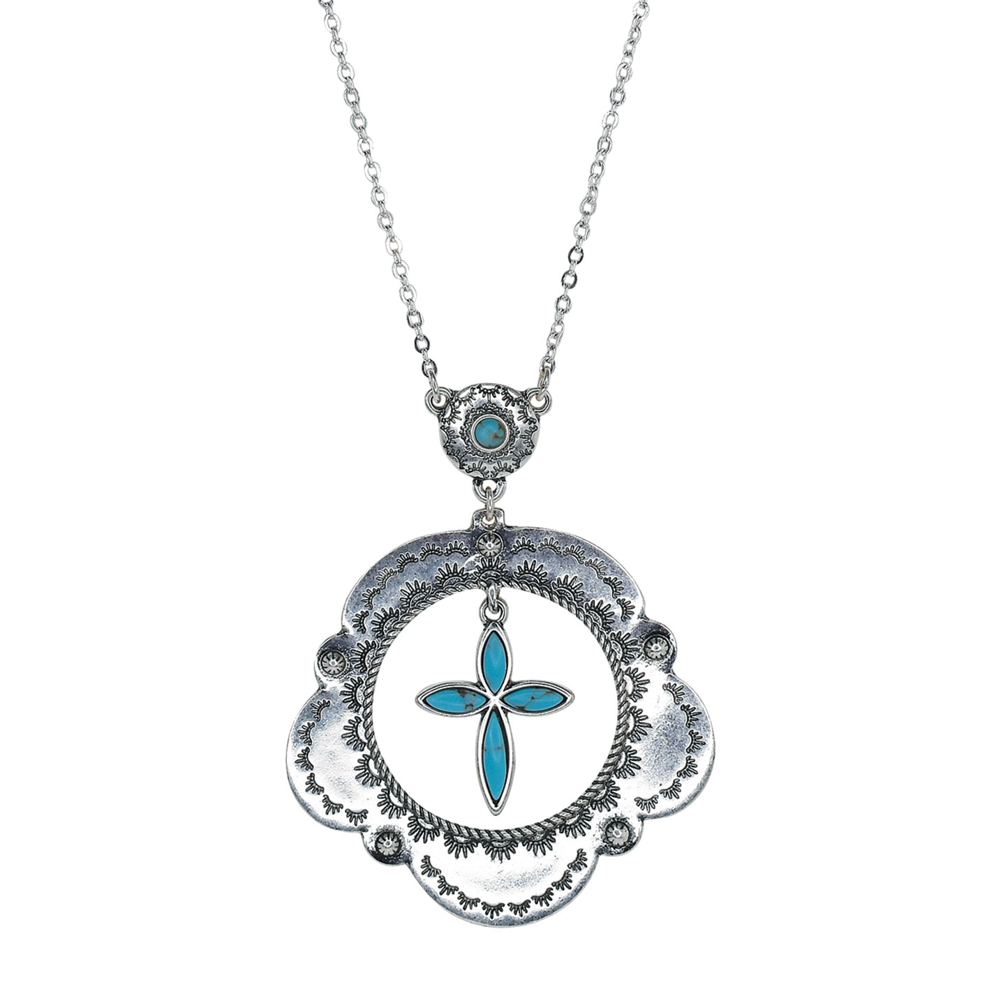 Justin Etched Silver Scalloped Oval Turquoise Charm Necklace - Image 1