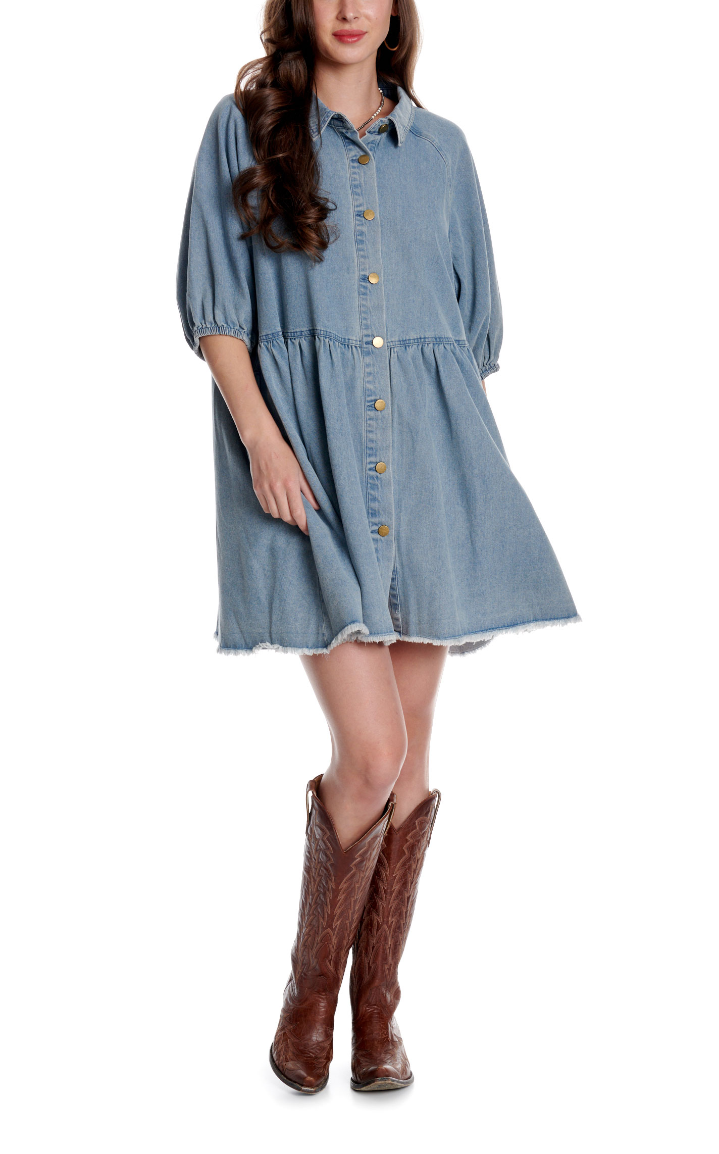 Yura Women's Medium Wash Puff Sleeve Denim Dress - Image 1