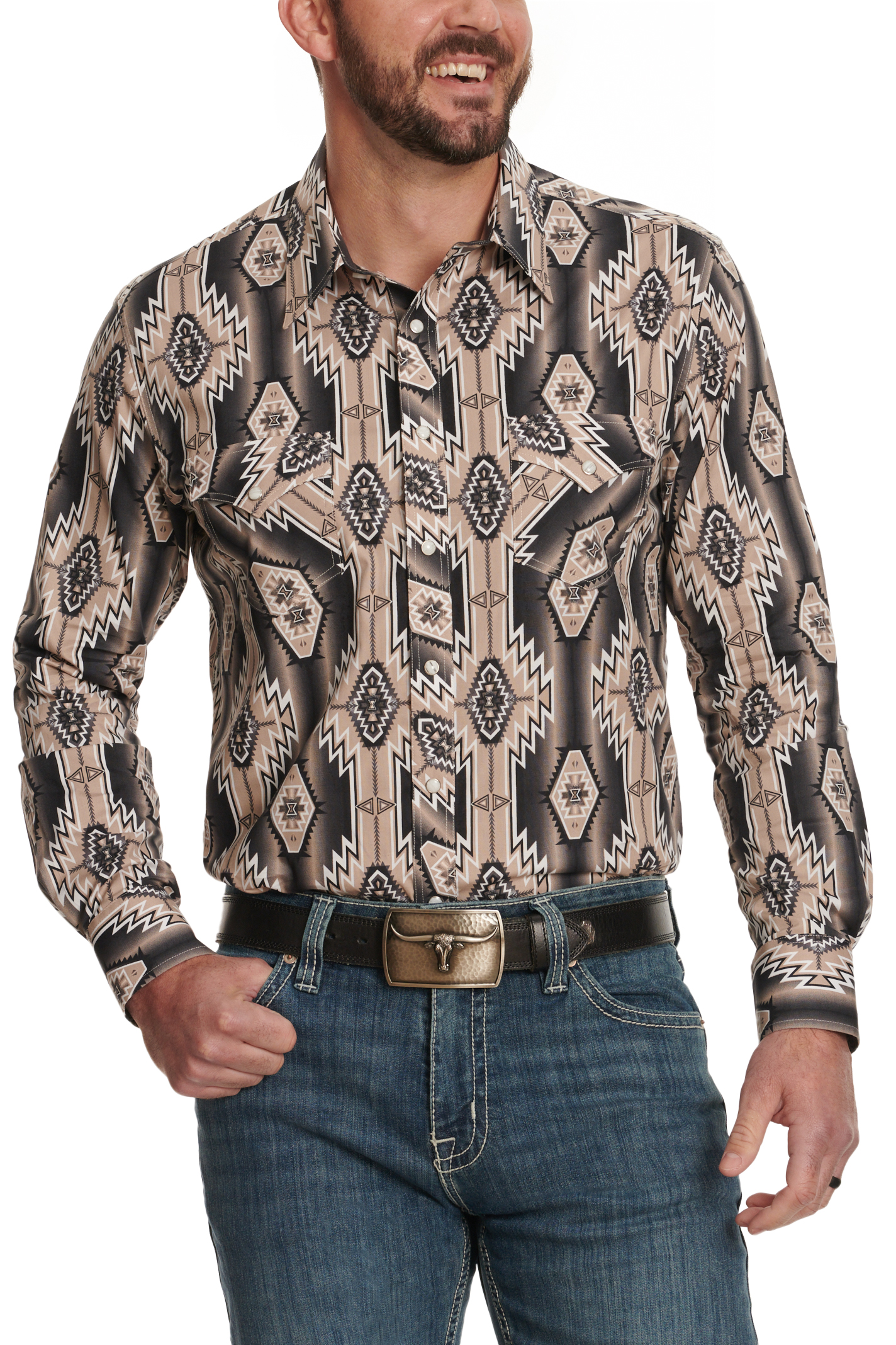 Rock & Roll Denim Men's Black Gray & Latte Aztec Western Shirt - Image 1