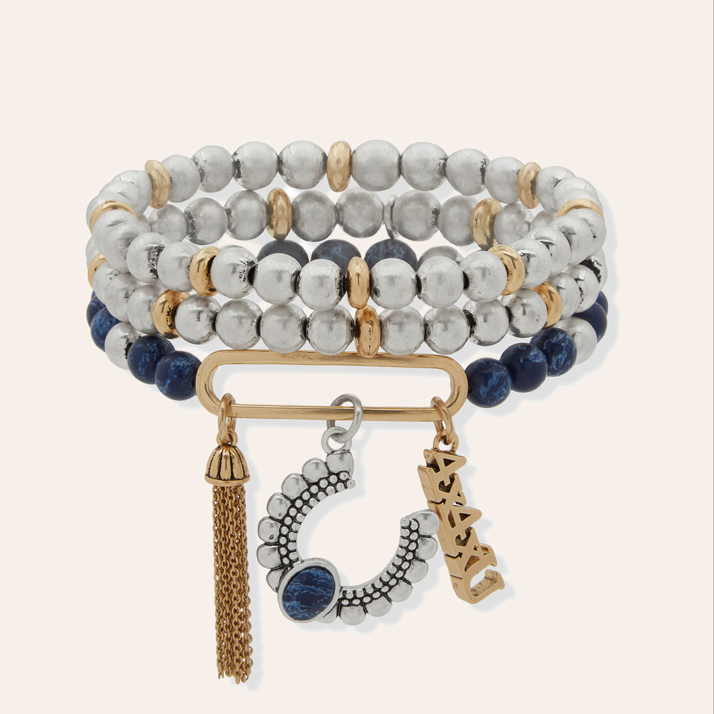 Lainey Wilson Cobalt Blue Silver & Gold Beaded 4x4xU Charm 3-Piece Bracelet Set - Image 1