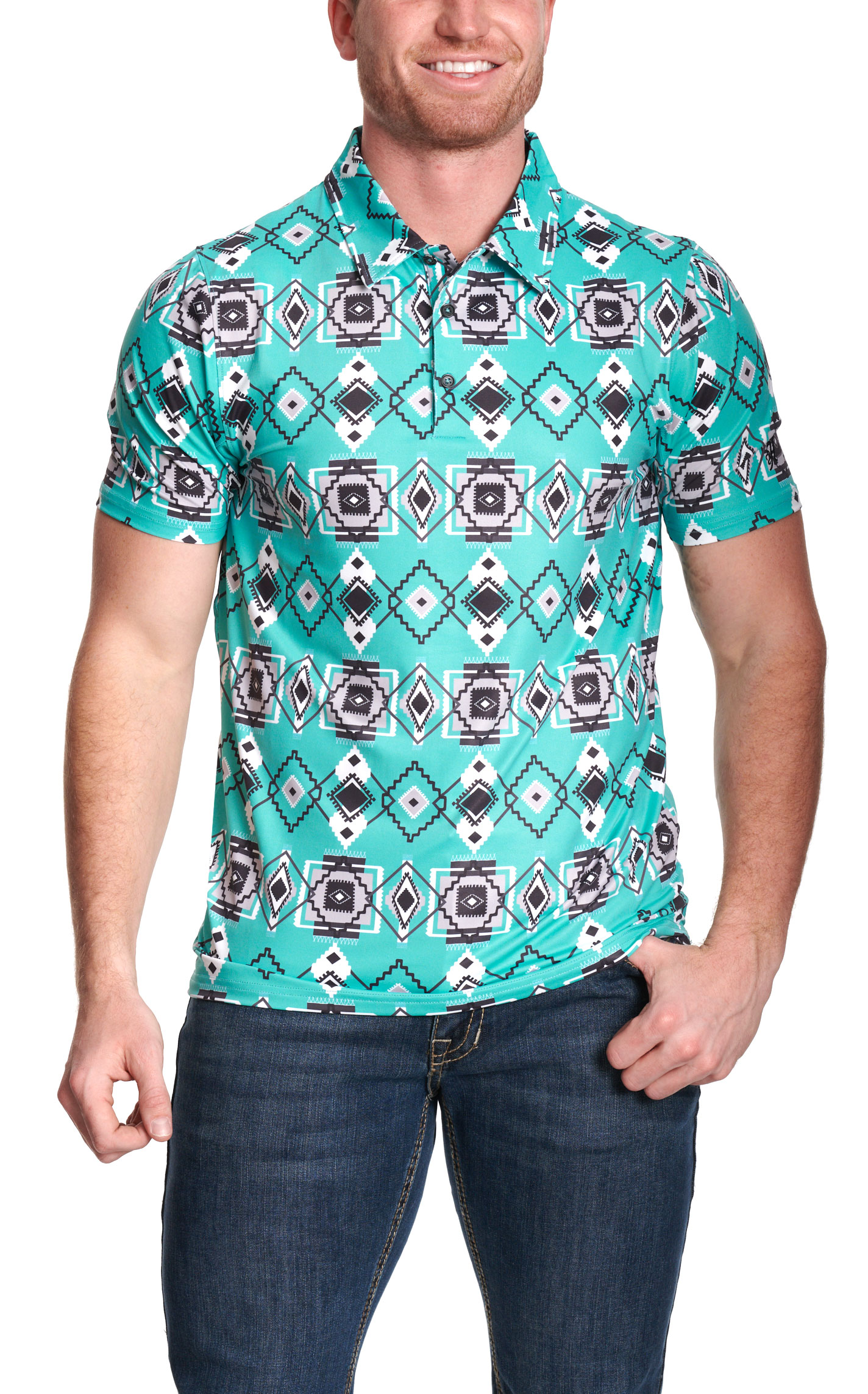 Hooey Men's Turquoise Aztec Print Western Polo Shirt - Image 1
