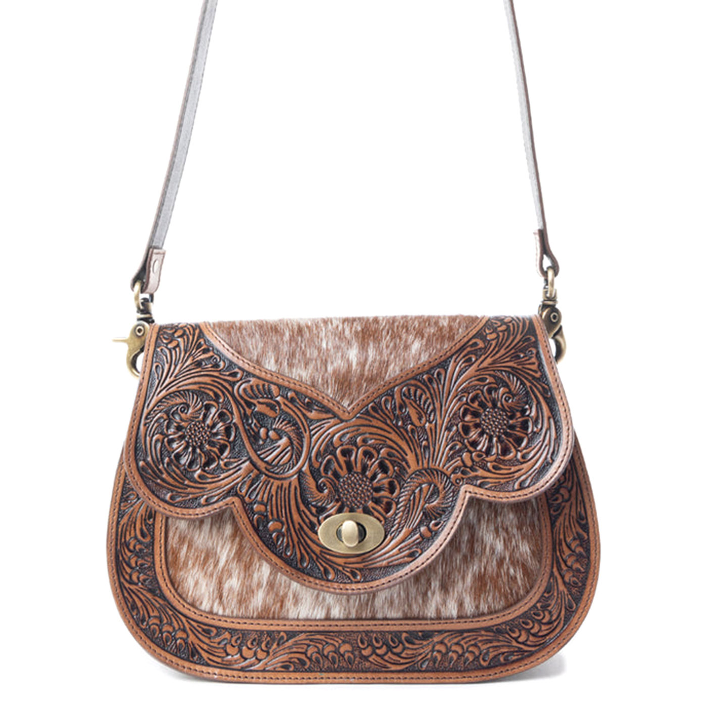 Myra Bag Brown Hair on & Tooled Leather Scalloped Flap Shoulder Bag - Image 1