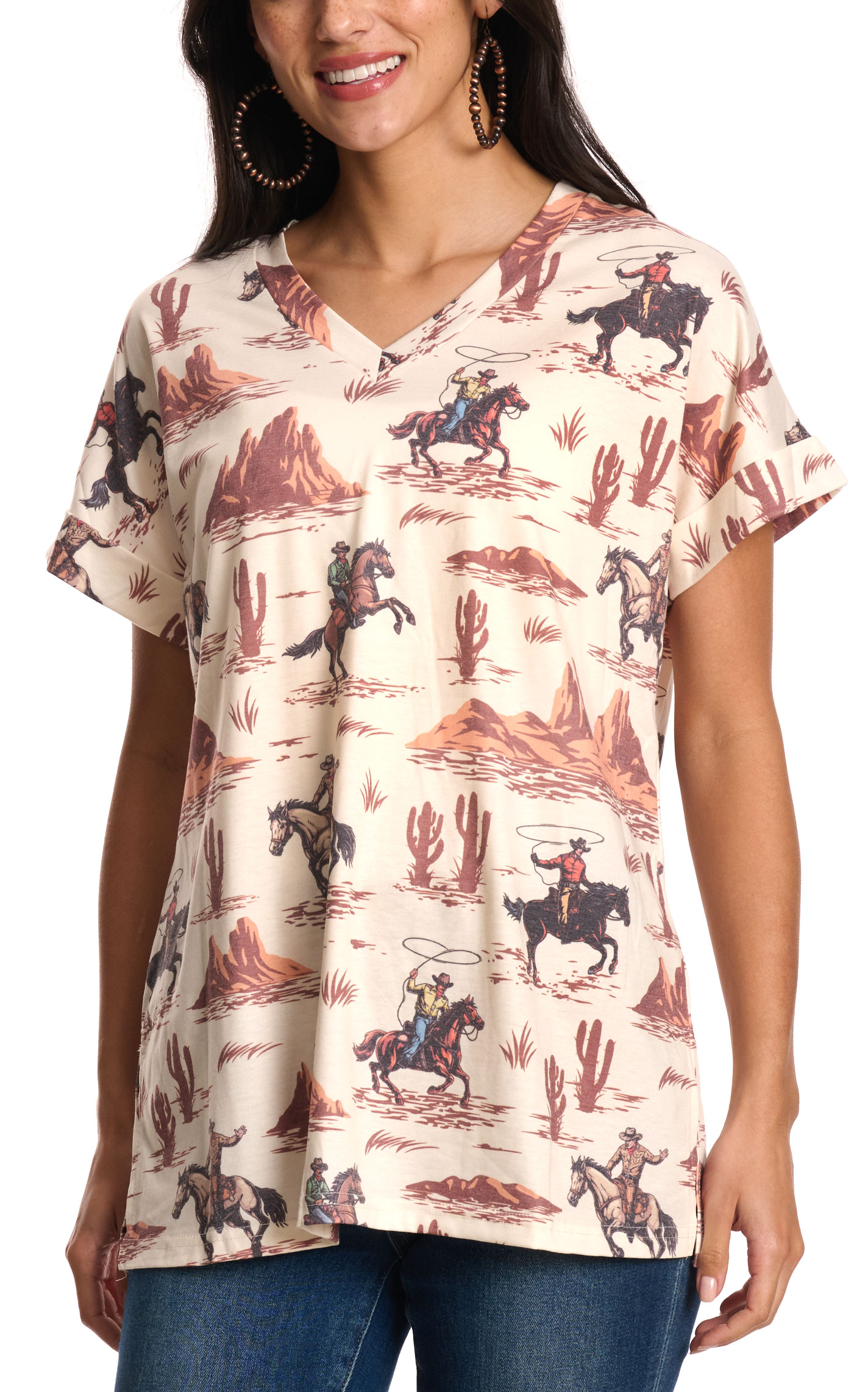 Fashion Express Women's Cream Vintage Western Print Top - Image 1