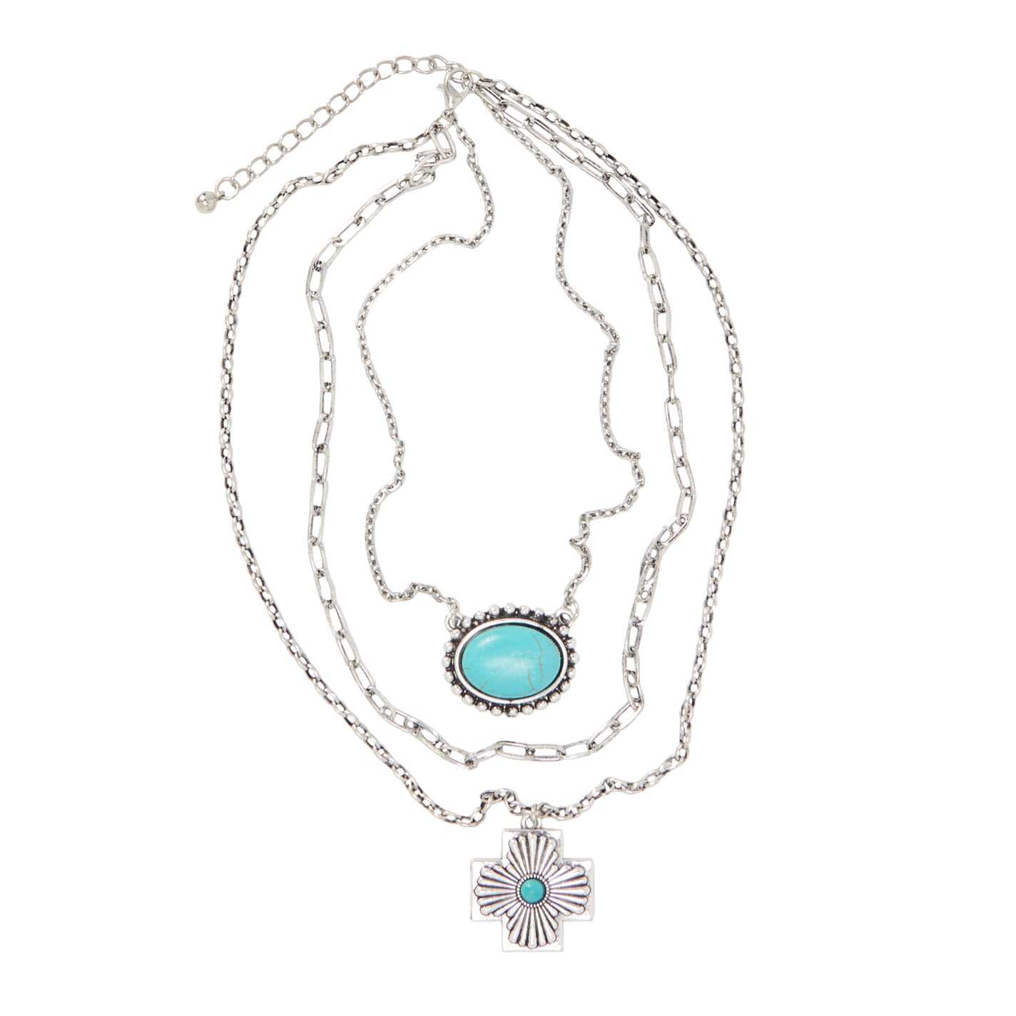 Southern Grace 3 Strand Silver & Turquoise Cross Pendant Necklace - Image 2