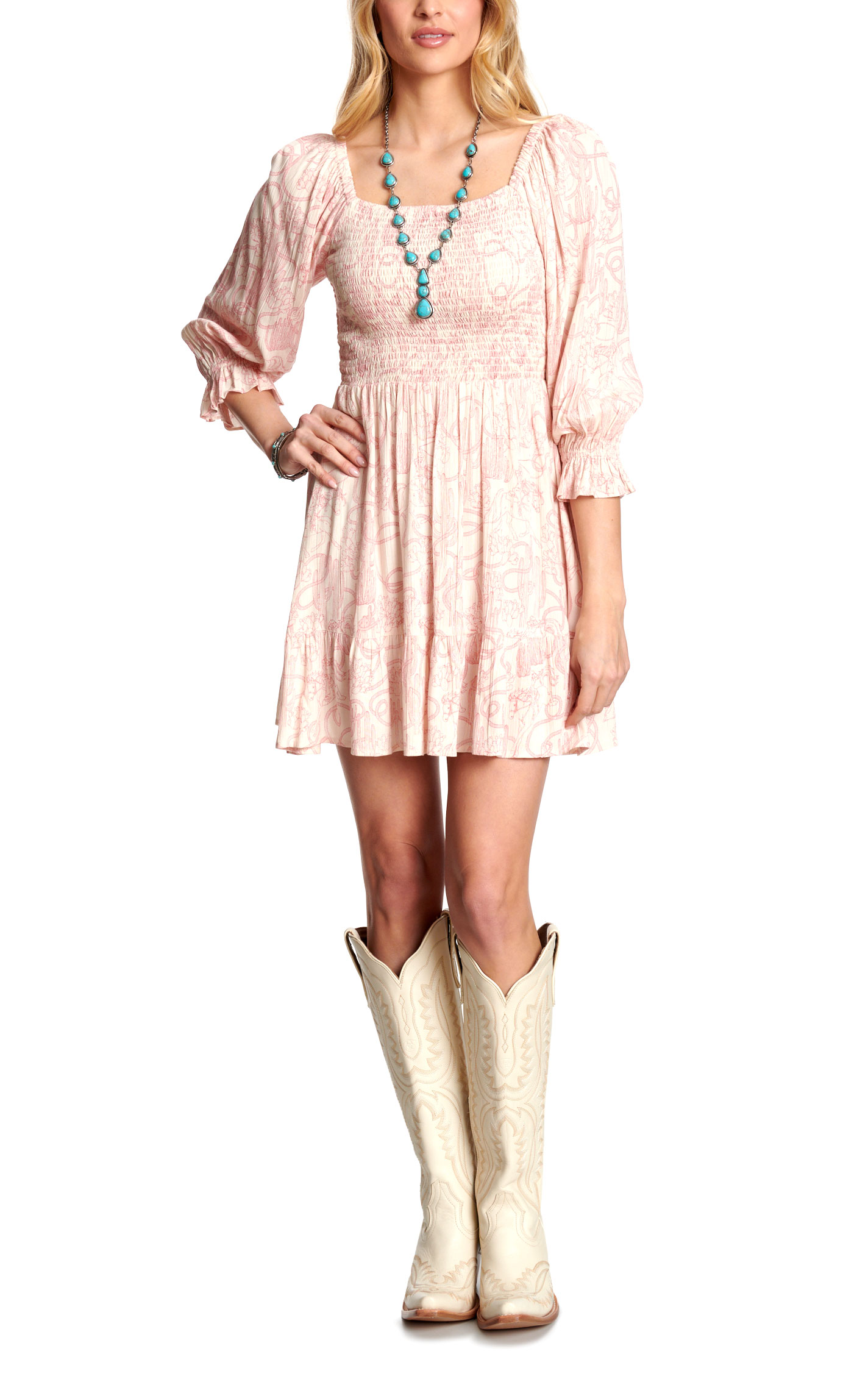 Rockin C Women's Pink Western Print Smocked Dress - Image 1