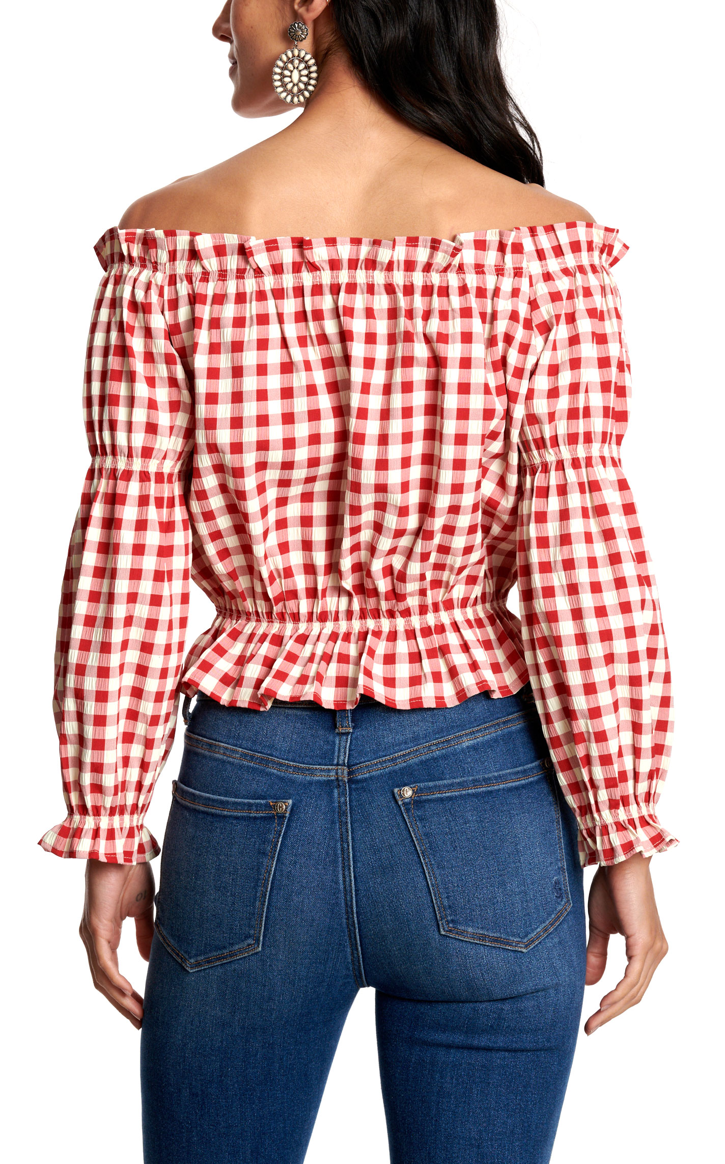 Rockin C Women's Cherries & Cream Gingham Off Shoulder Top - Image 1