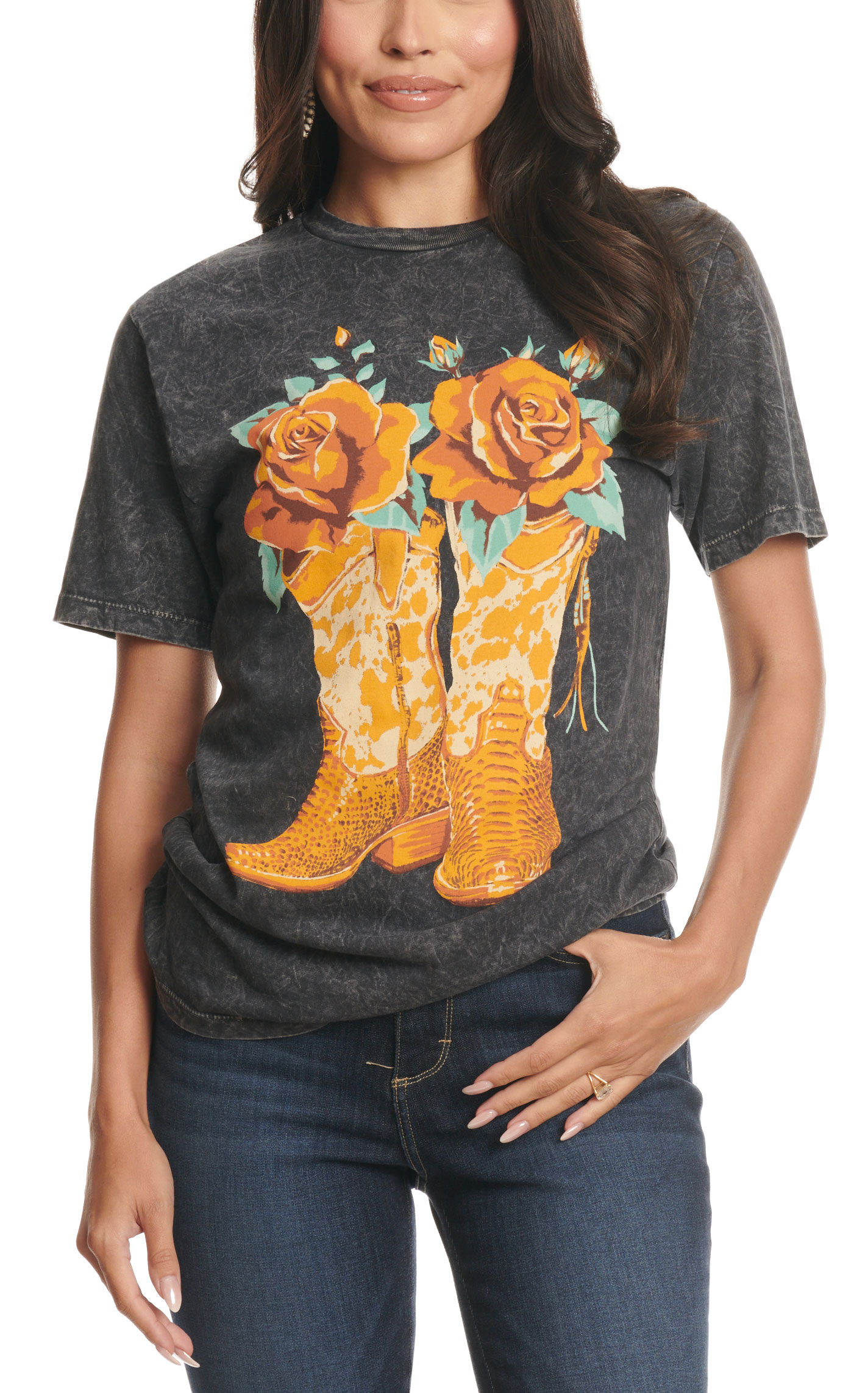 Lotus Fashion Women's Washed Black Roses & Boots Graphic T-Shirt - Image 1