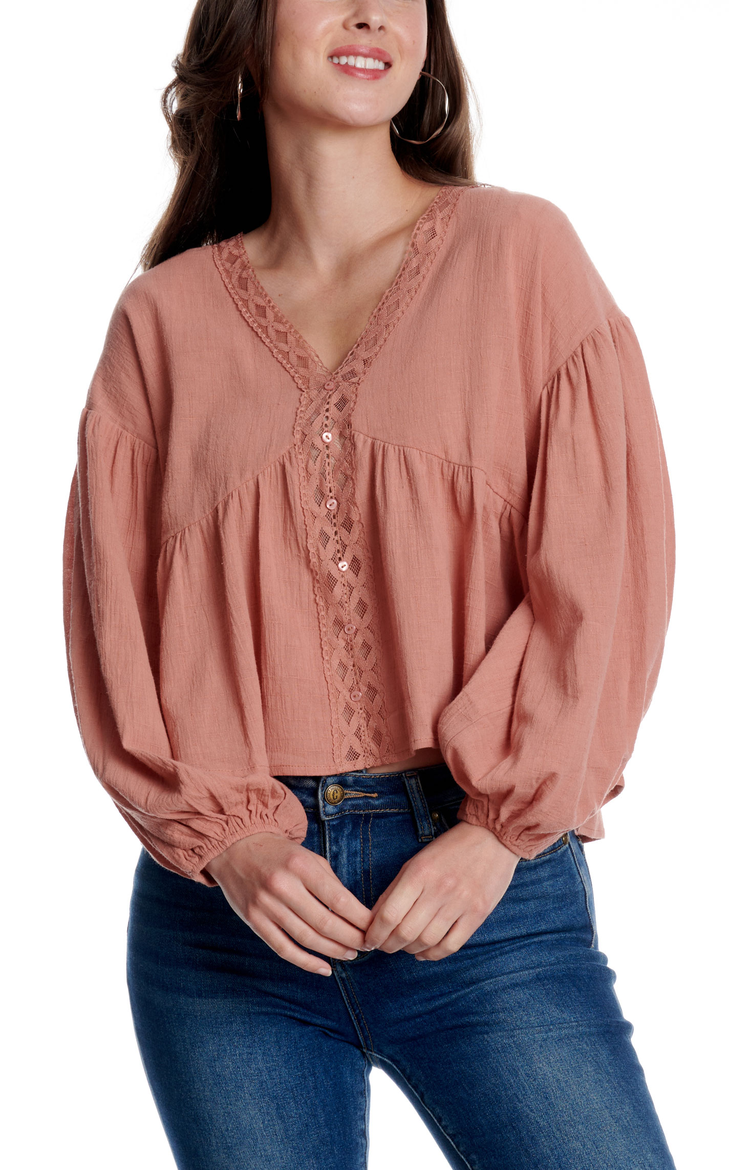 Yura Women's Terracotta Lace Detail Long Sleeve Blouse - Image 1