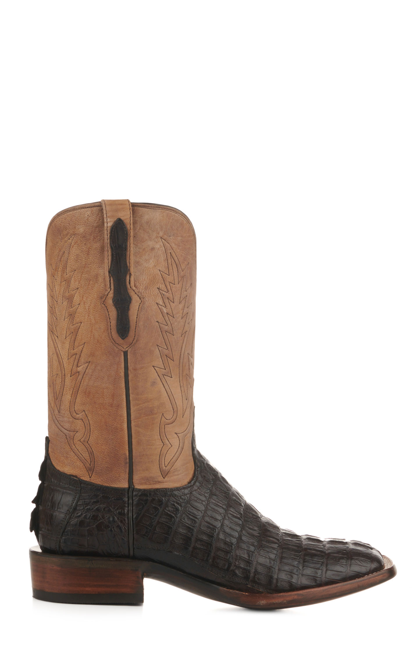 Black Jack Men's Tan Maddog and Chocolate Caiman Tail Square Toe Exotic Cowboy Boots - Image 1