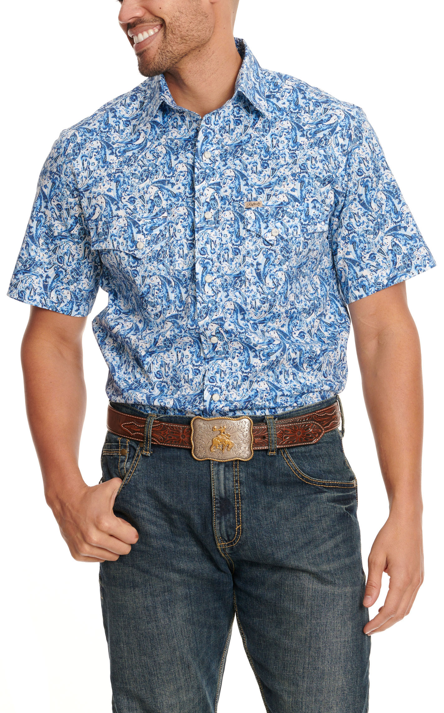 Rafter C Men's ProFlex45 White & Blue Paisley Print Western Shirt - Image 1