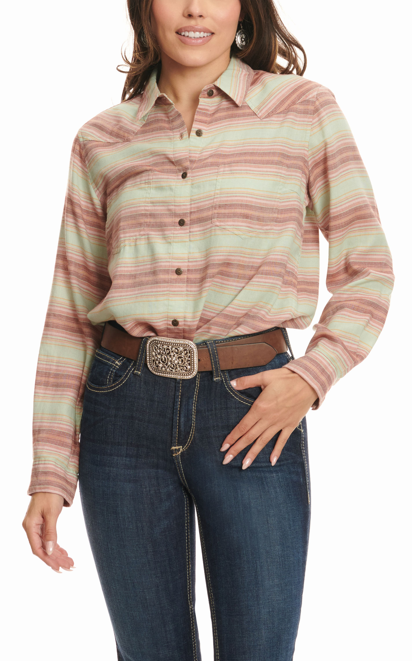 Ariat Women's R.E.A.L. Billie Jean Sage Pink and Peach Serape Print Long Sleeve Western Shirt - Image 1