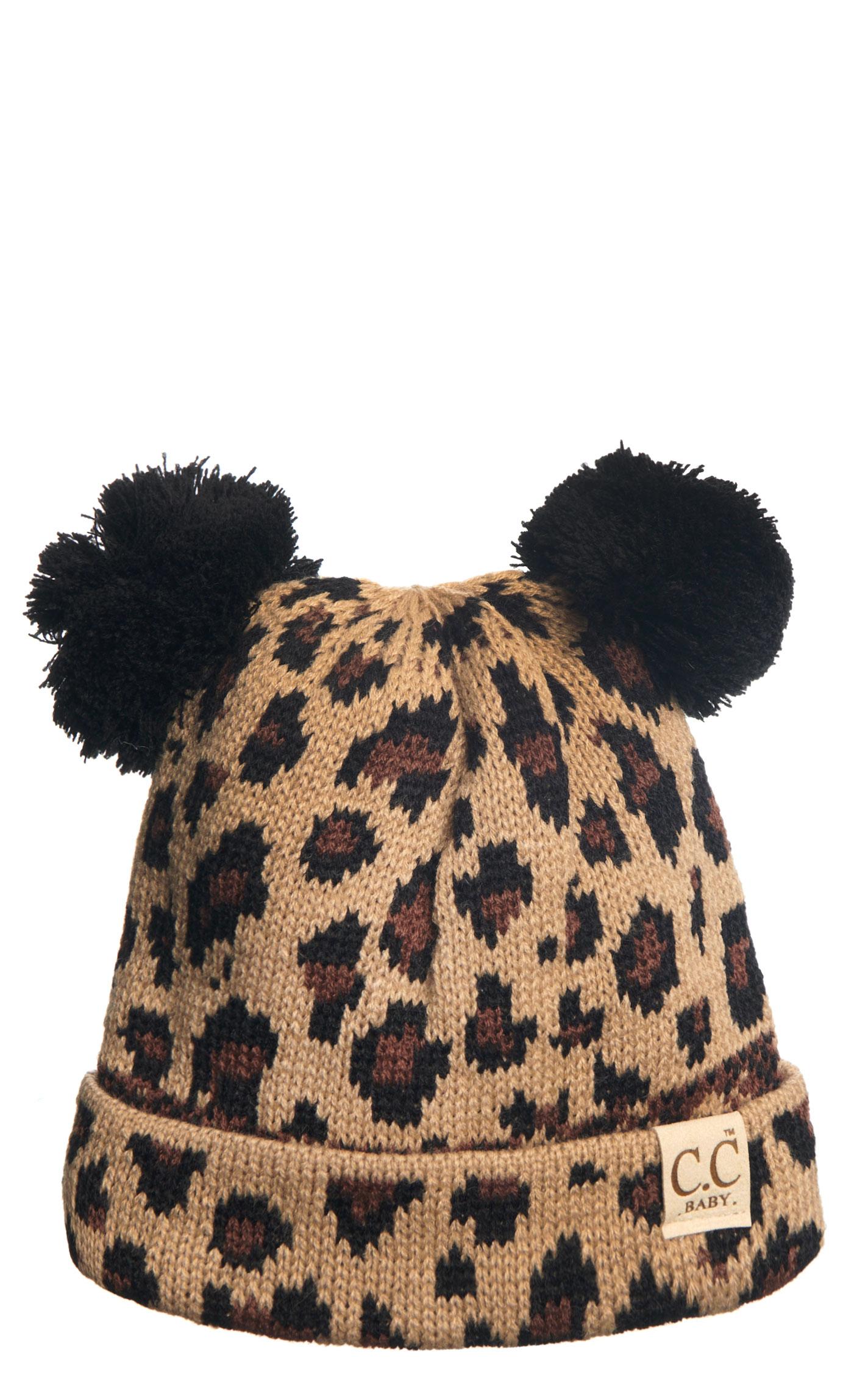 C.C. Brand Baby Peanut Dark Chocolate & Black Leopard Print Double PomPom Beanie  - Image 1