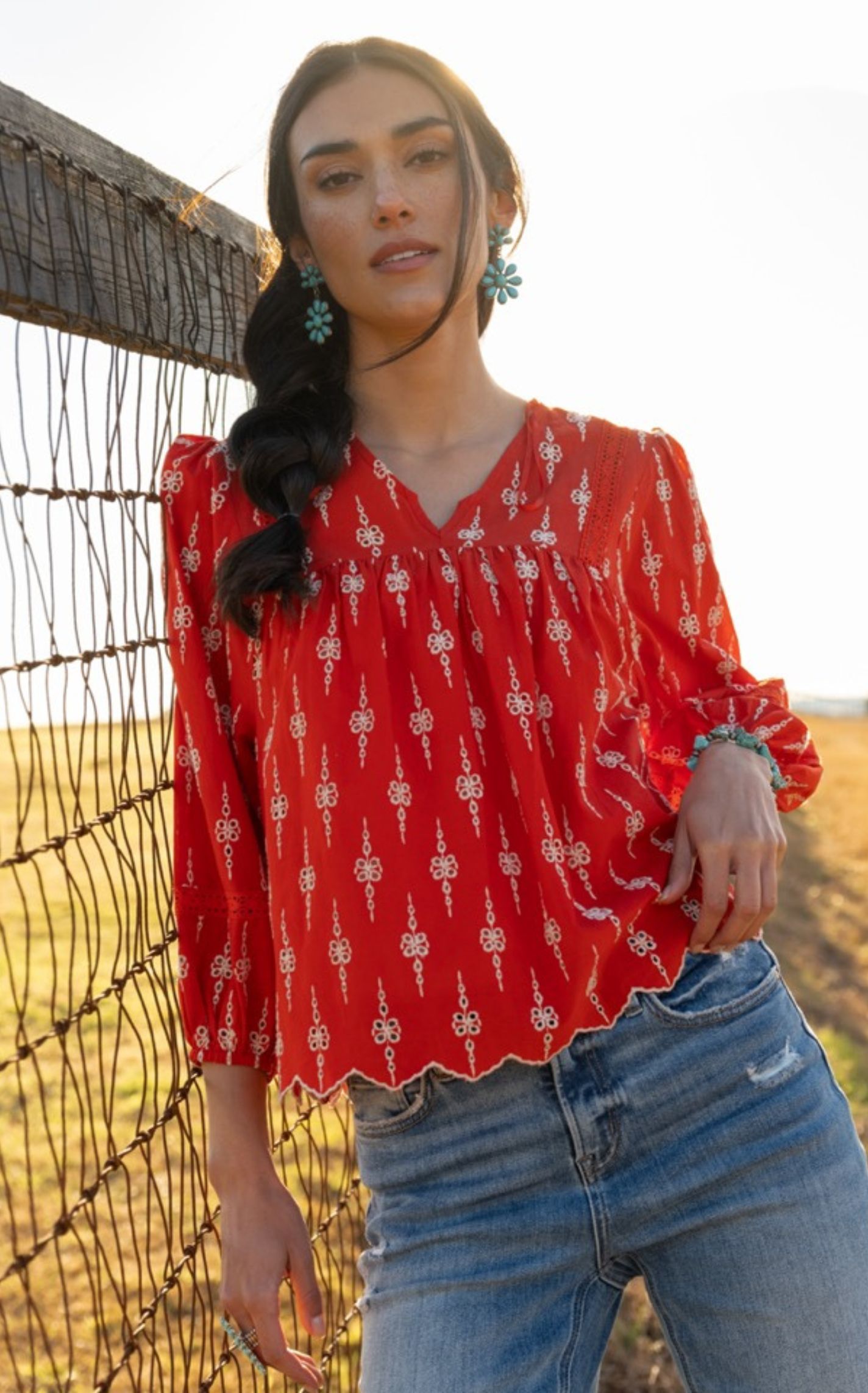 Rockin' C Women's Red with Lace & Cream Eyelet Long Sleeve Top - Image 1
