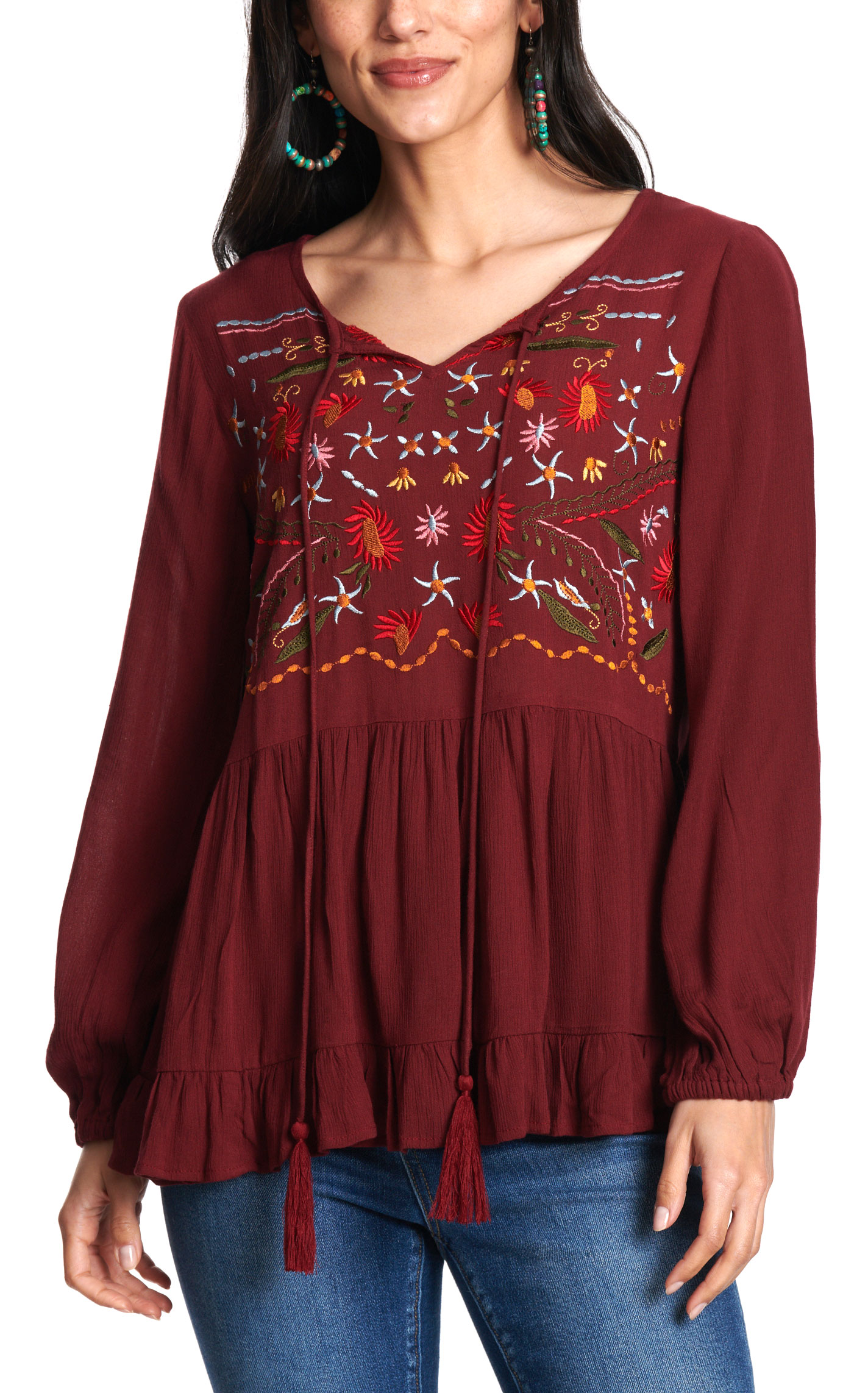 Montana Clothing Co. Women's Rich Burgundy Floral Embroidered Top - Image 1